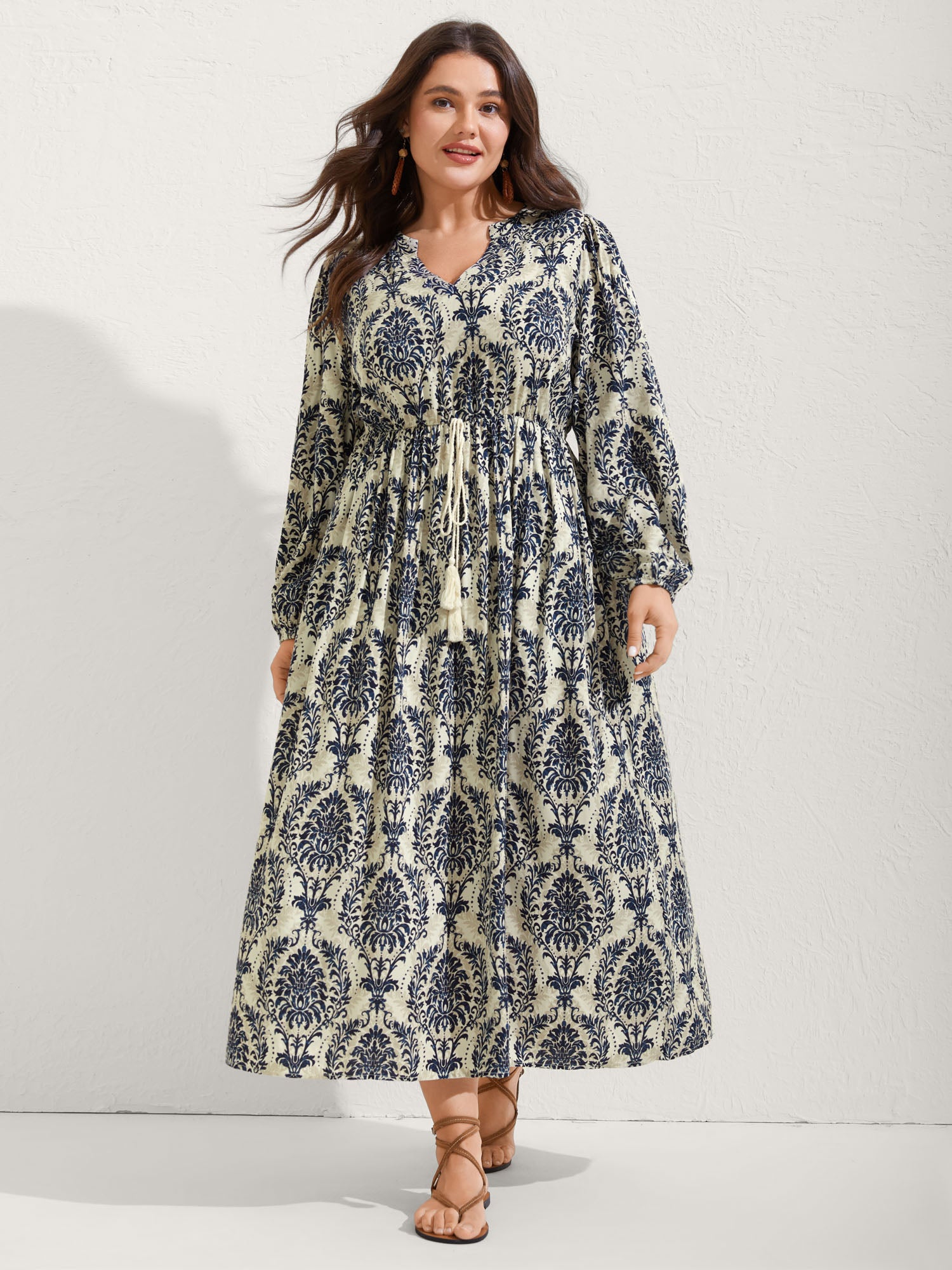 Boho Print Notched Tie Knot Maxi Dress