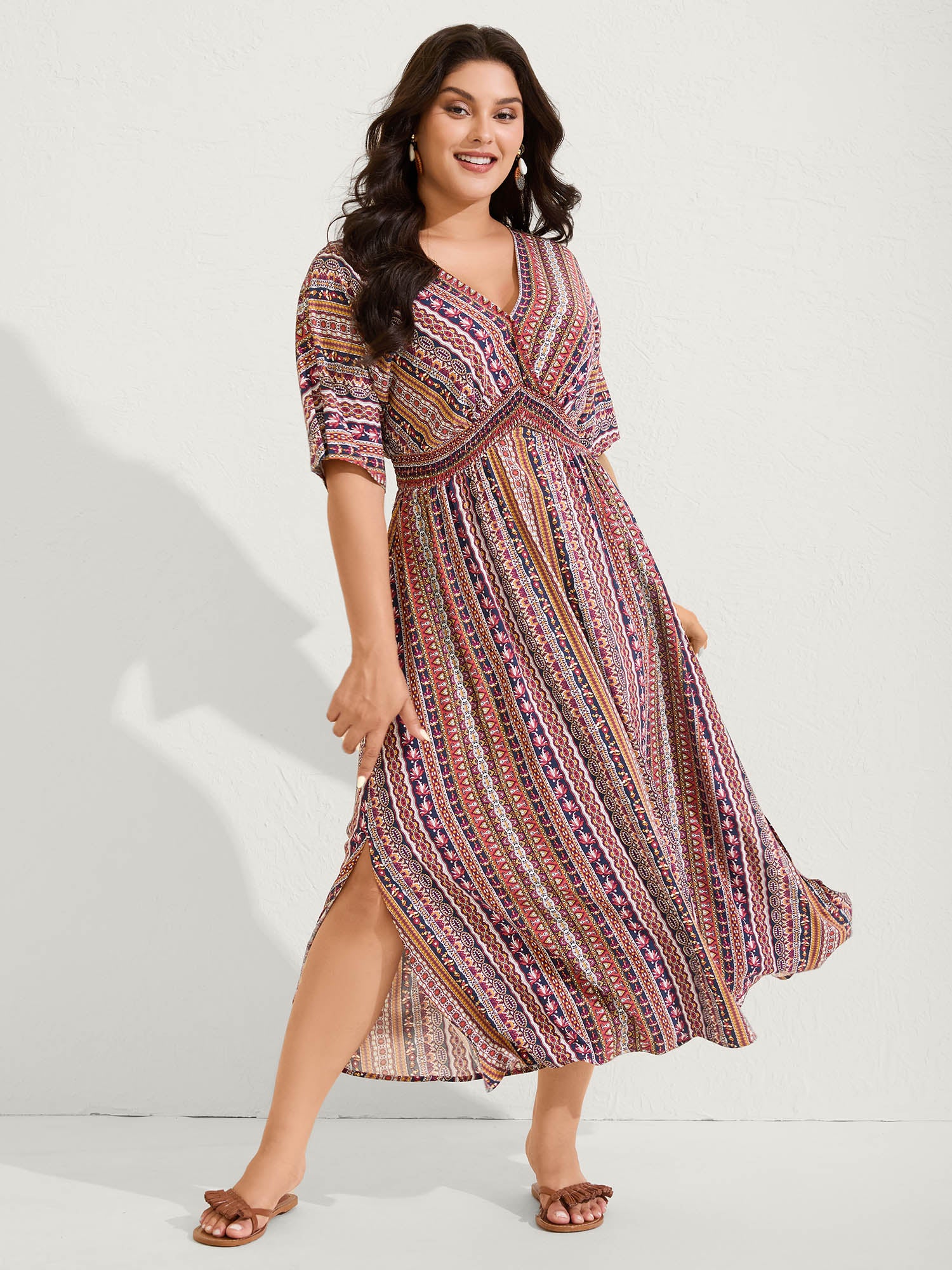 Striped Contrast Dolman Sleeve Shirred Pocket Split Flutter Dress