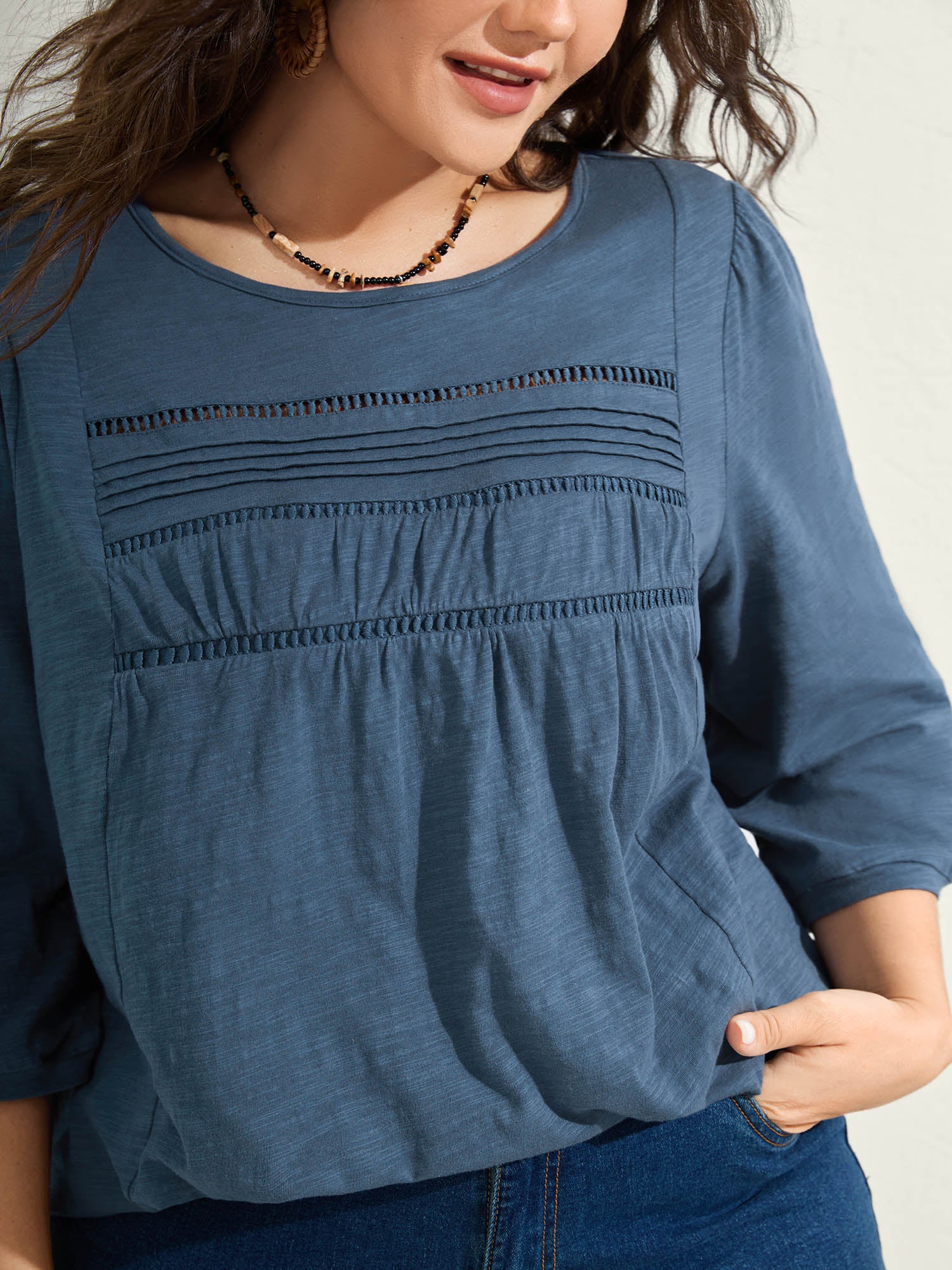 Cotton Lace Spliced Plain Knit Top