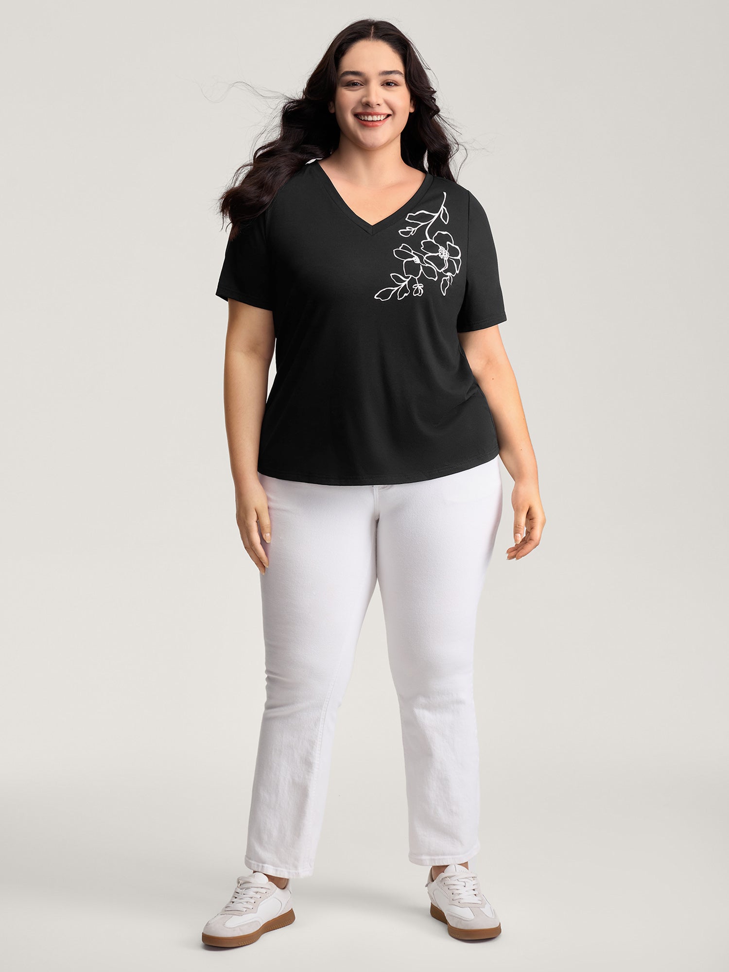 Floral Print V-Neck Half Sleeve T-Shirt