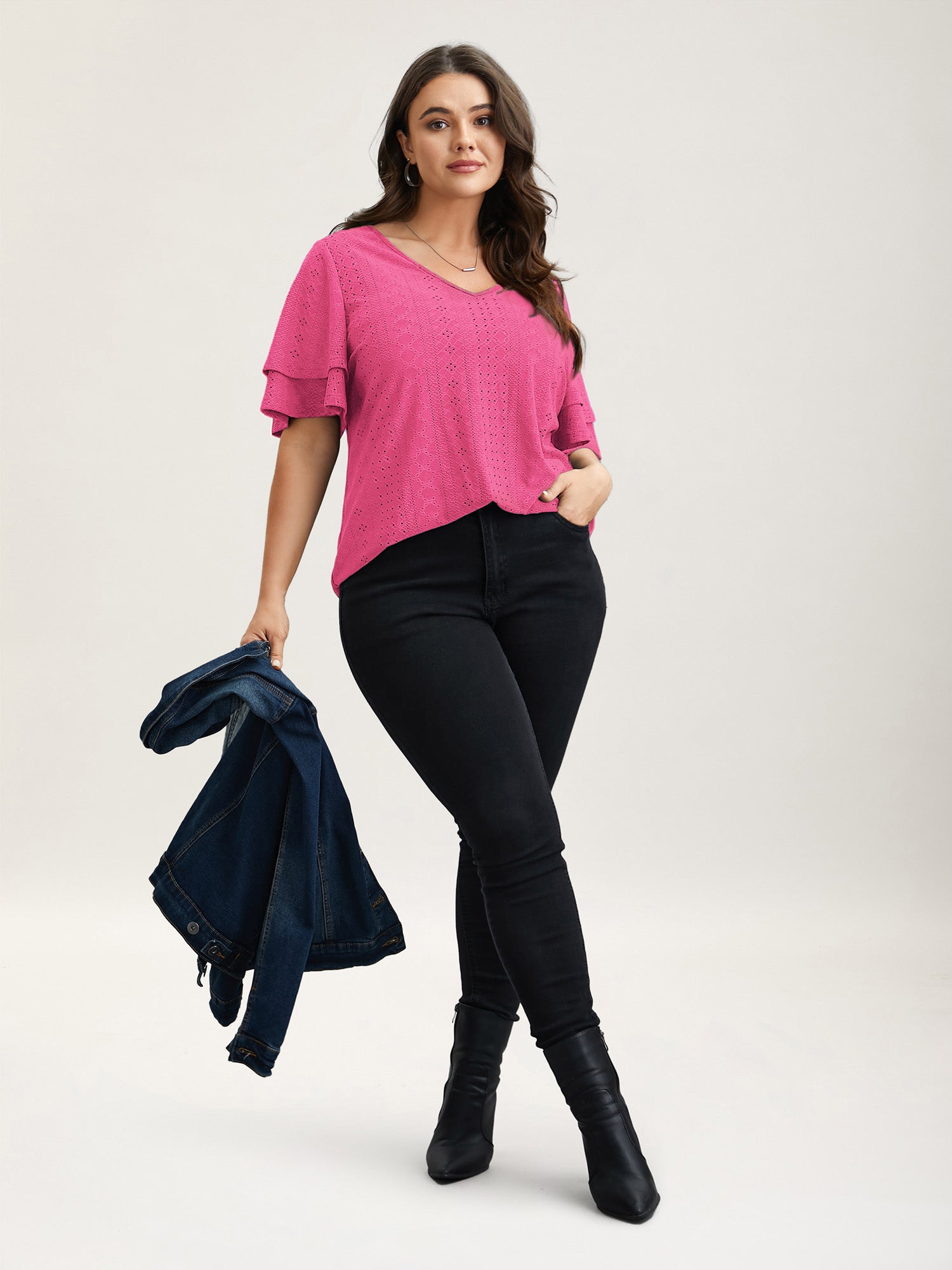 Jacquard Textured Lotus Leaf Sleeve Top