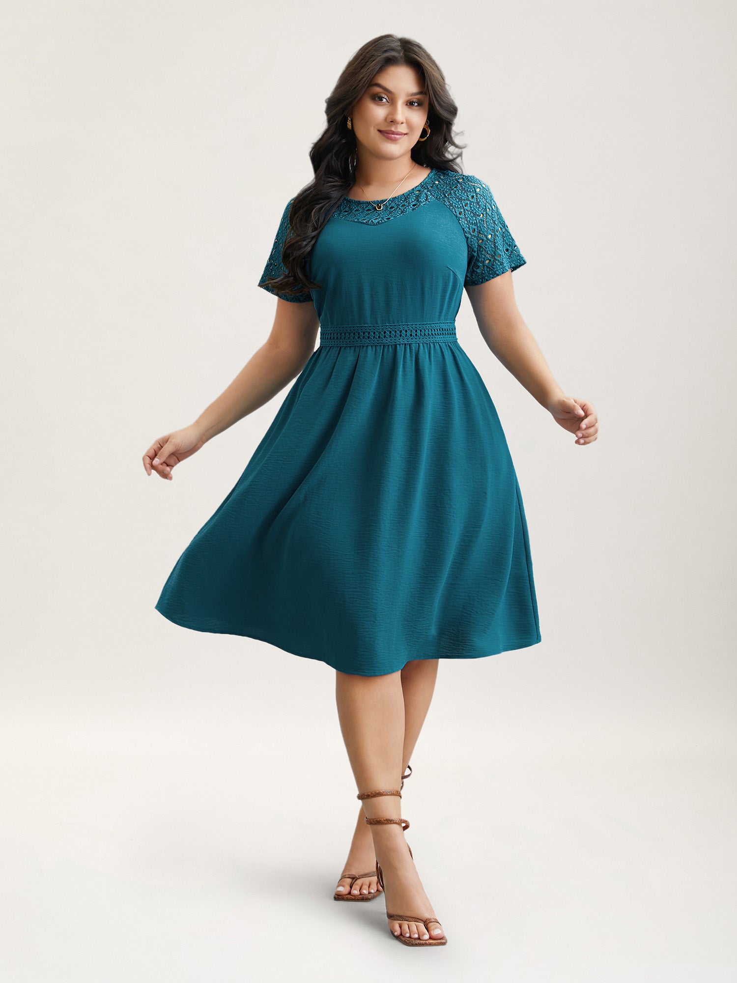 Lace Cut-Out Raglan Sleeve Pockets Midi Dress