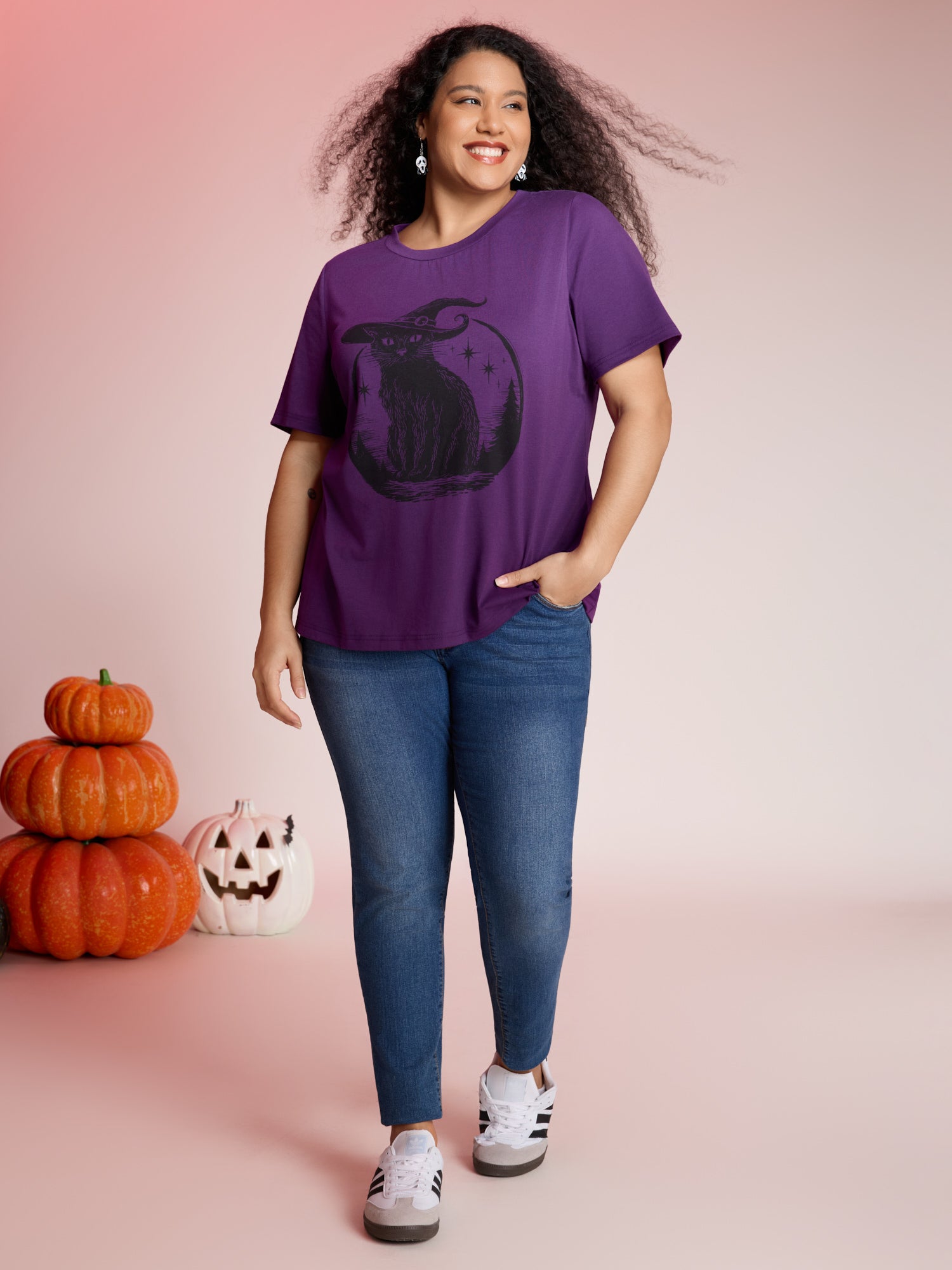 Bewitched Cat Printed Crew Neck T-shirt