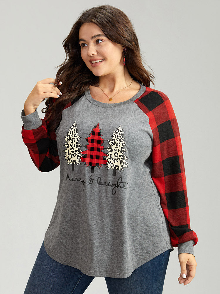 Plaid Christmas Trees Round Neck T-shirt
