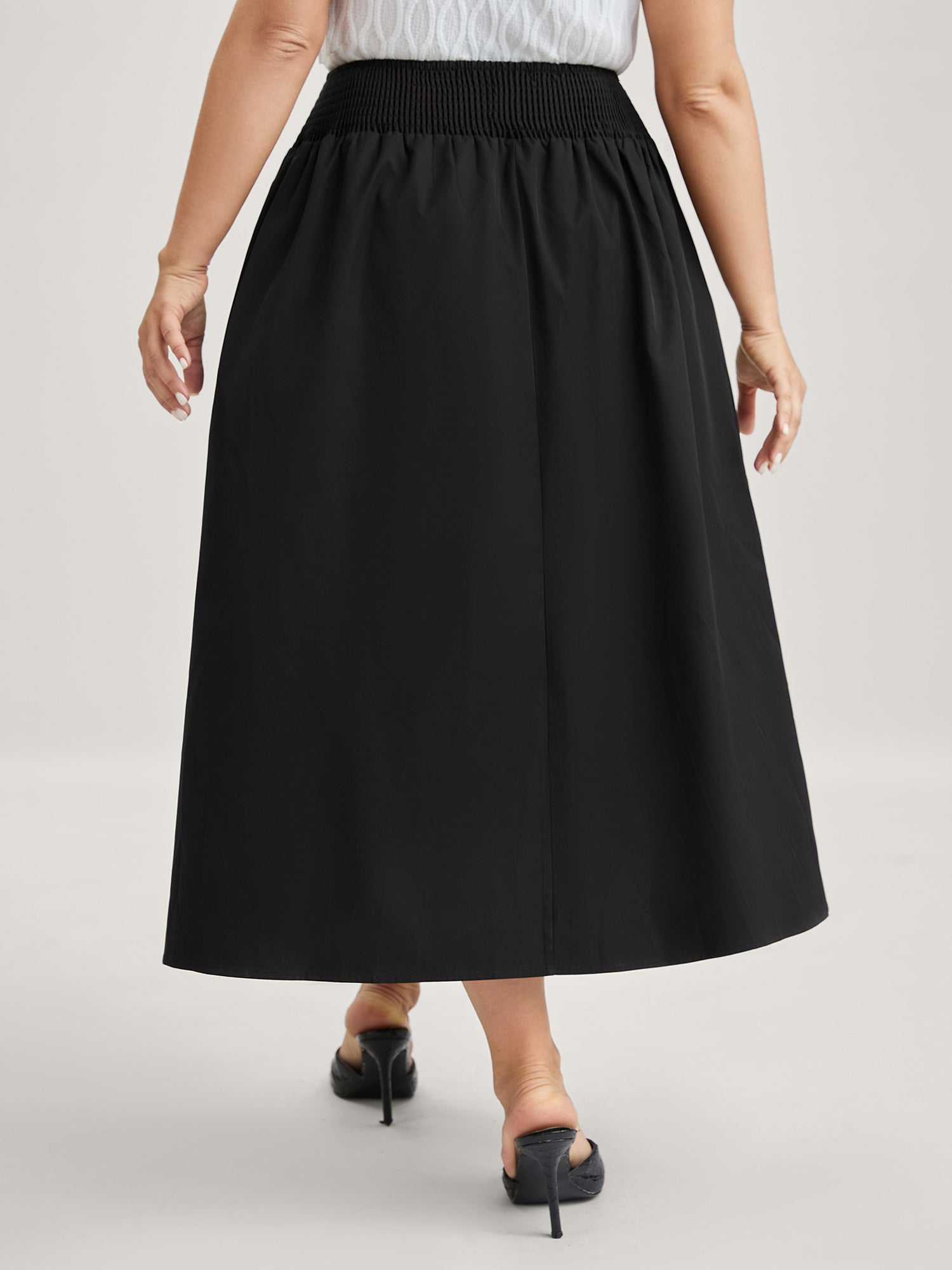 Wide Cinched-Waist Solid Midi Skirt