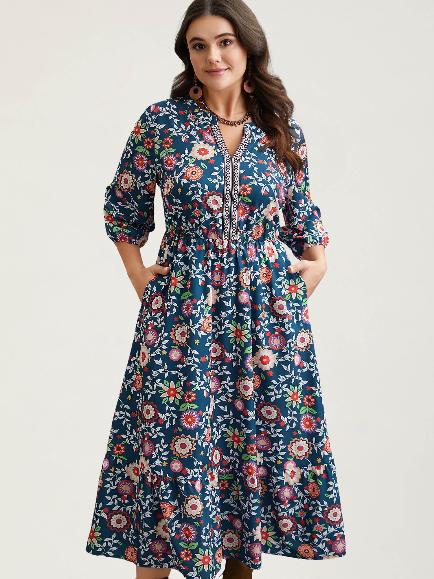 Floral Print Stretchy-Waist Pockets Maxi Dress