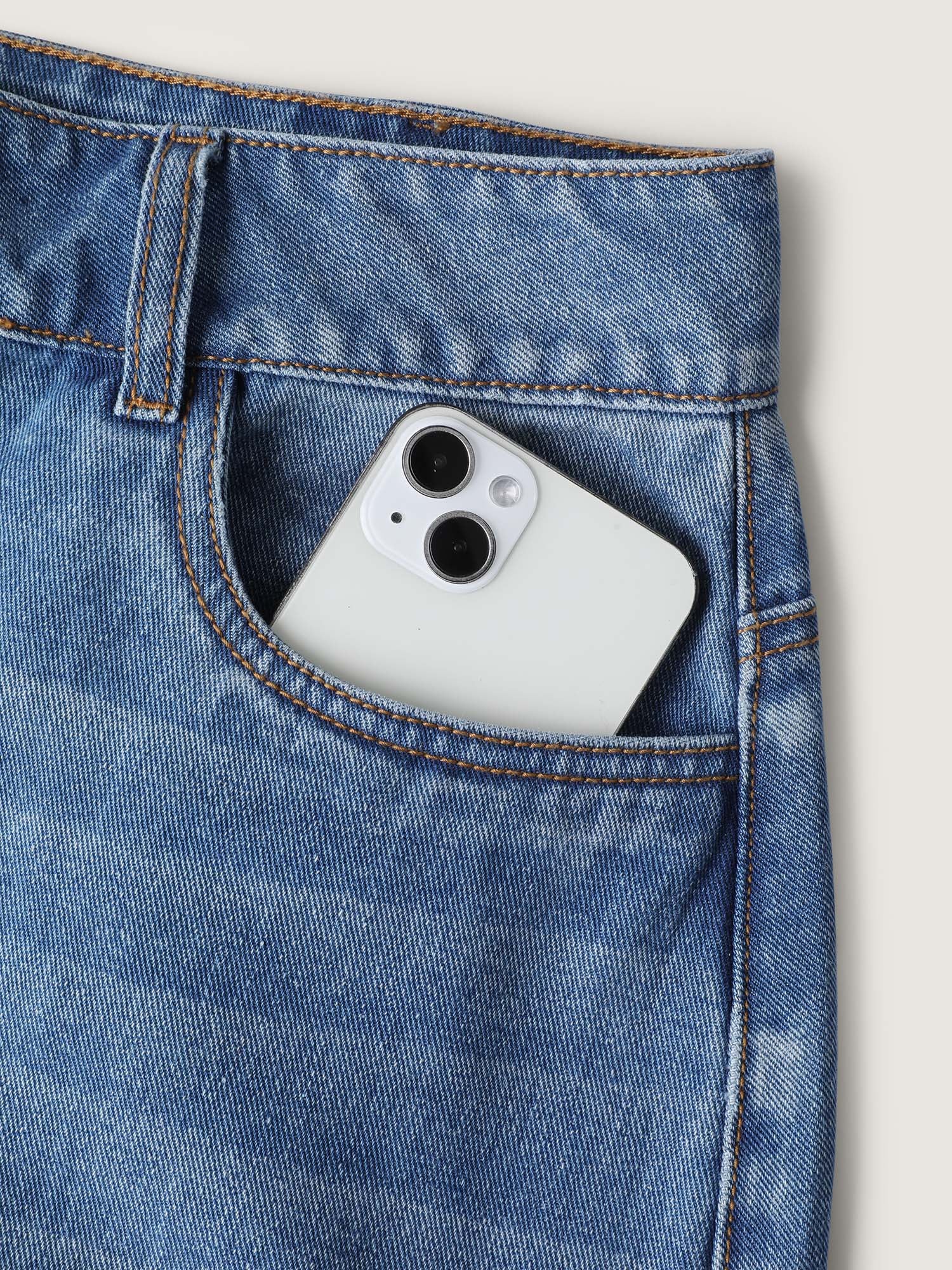 Faded Wash Slit Hem Denim Skirt