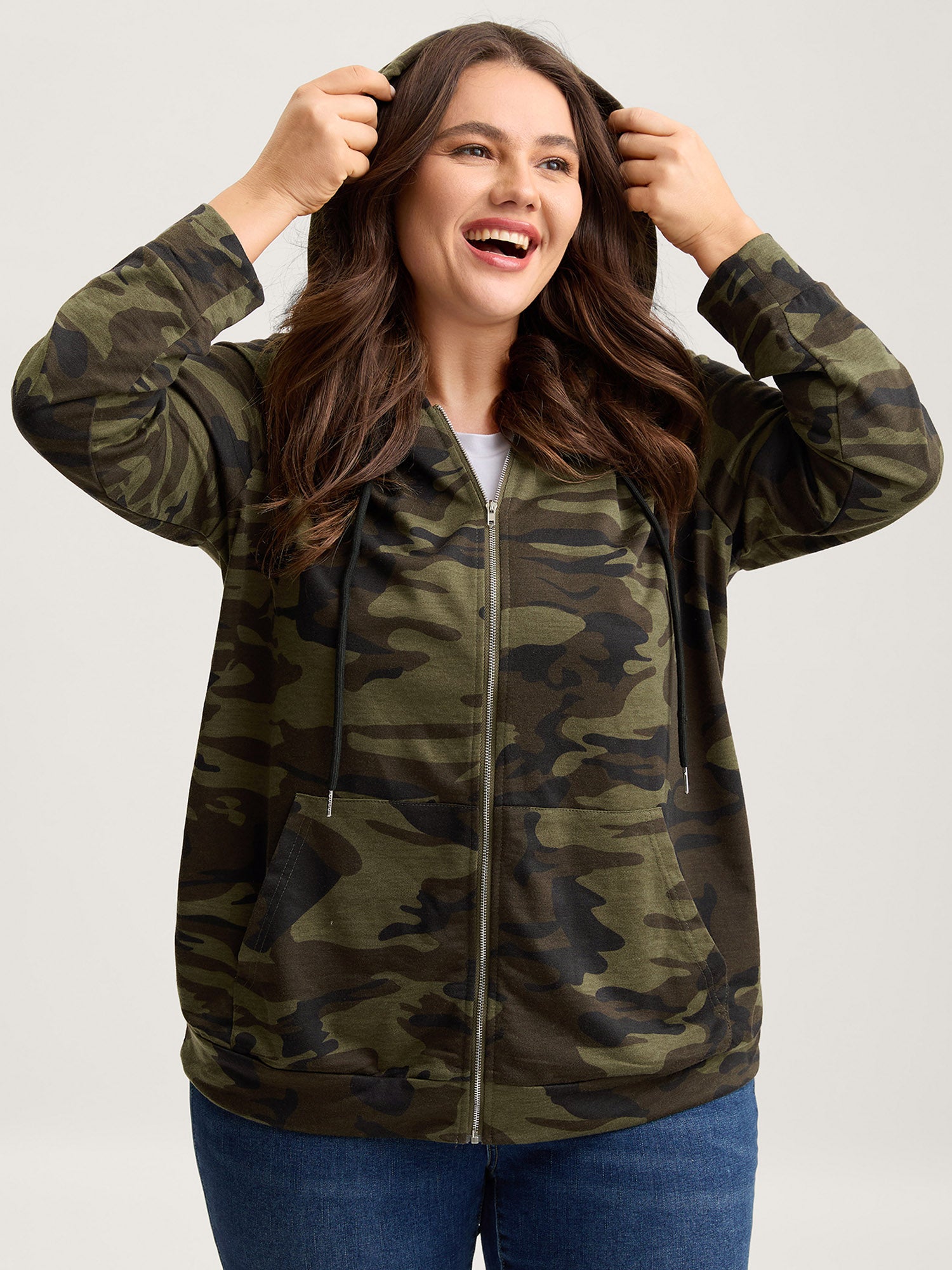 Camouflage Print Stretchy Zipper Hoodie