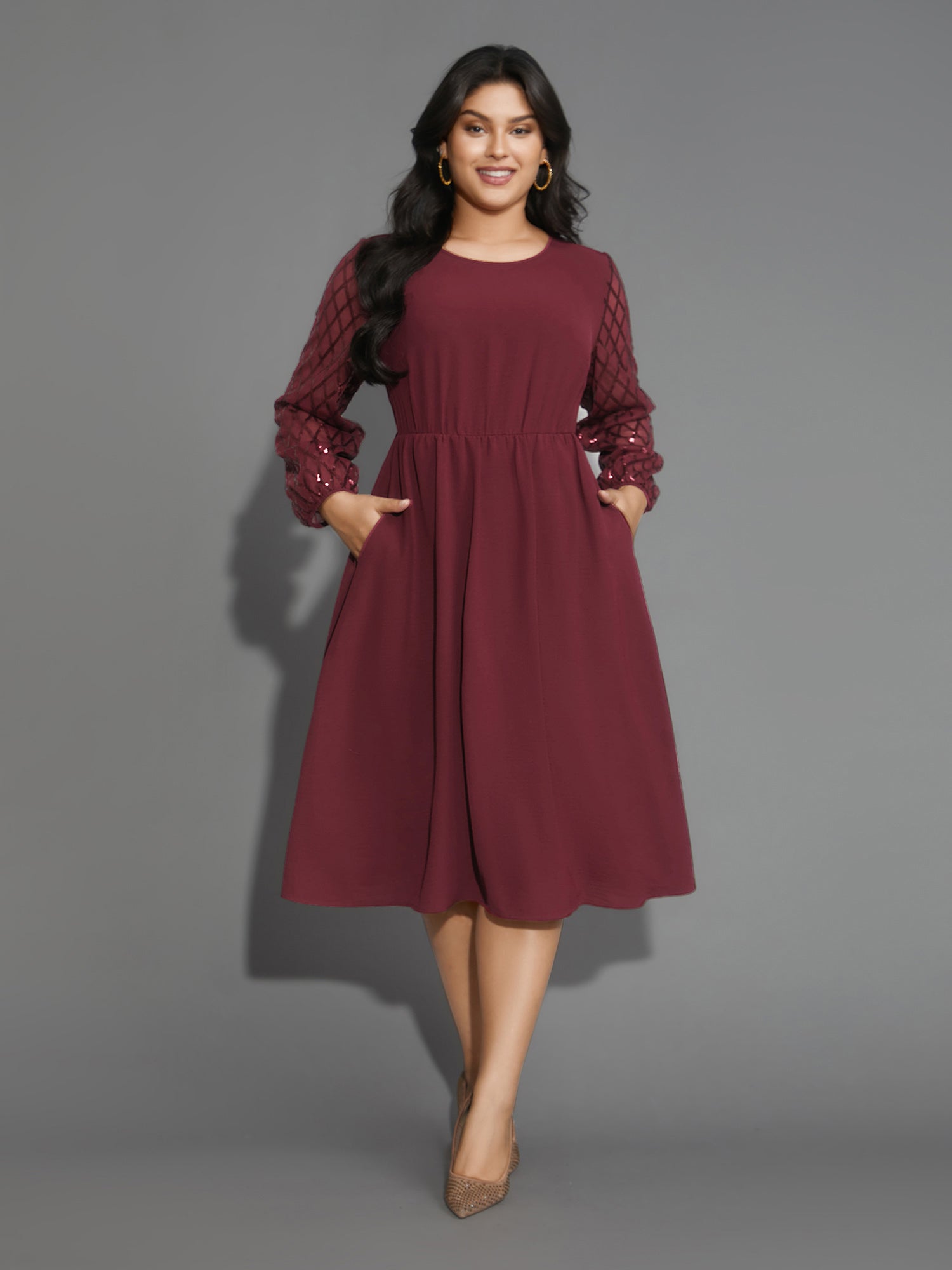 Texture Sequin Mesh Patchwork Belted Dress