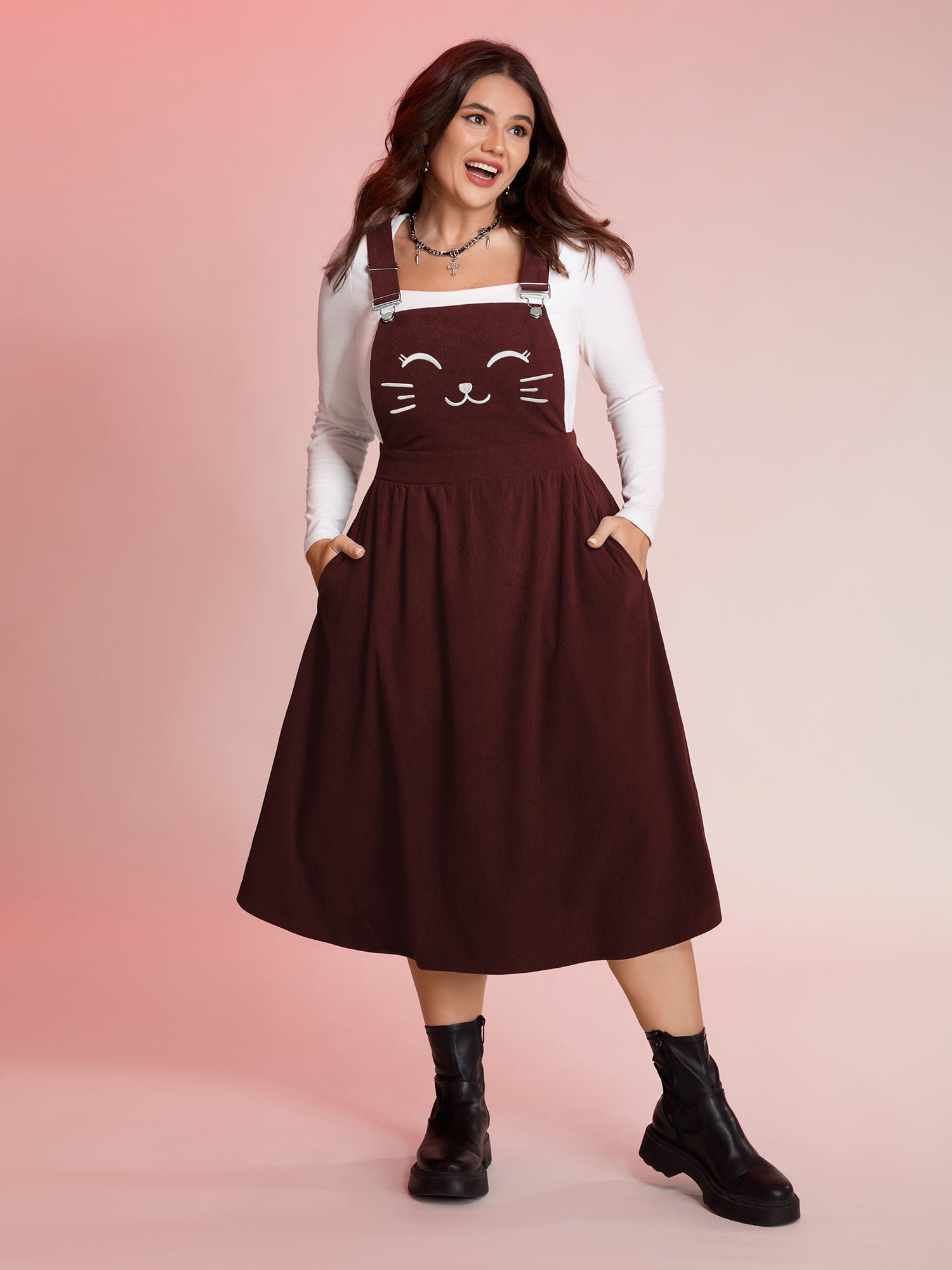 Happy Cat Embroidery Overall Straps Midi Dress