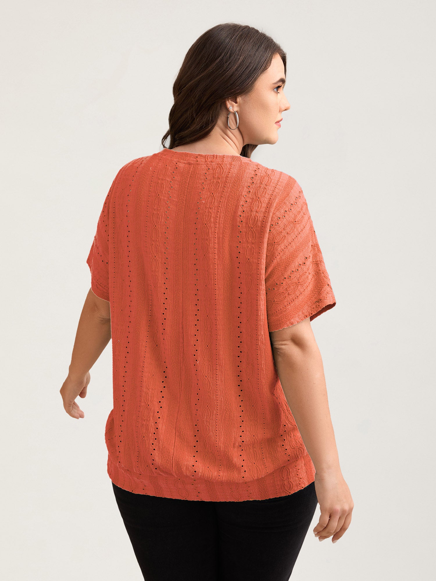 Eyelet Trim Stretchy Textured Plain Top