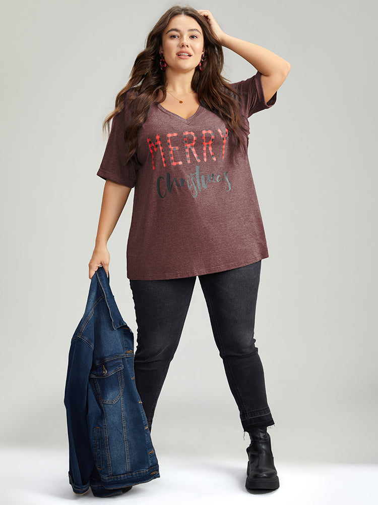 Christmas Gingham Patchwork V Neck T-shirt