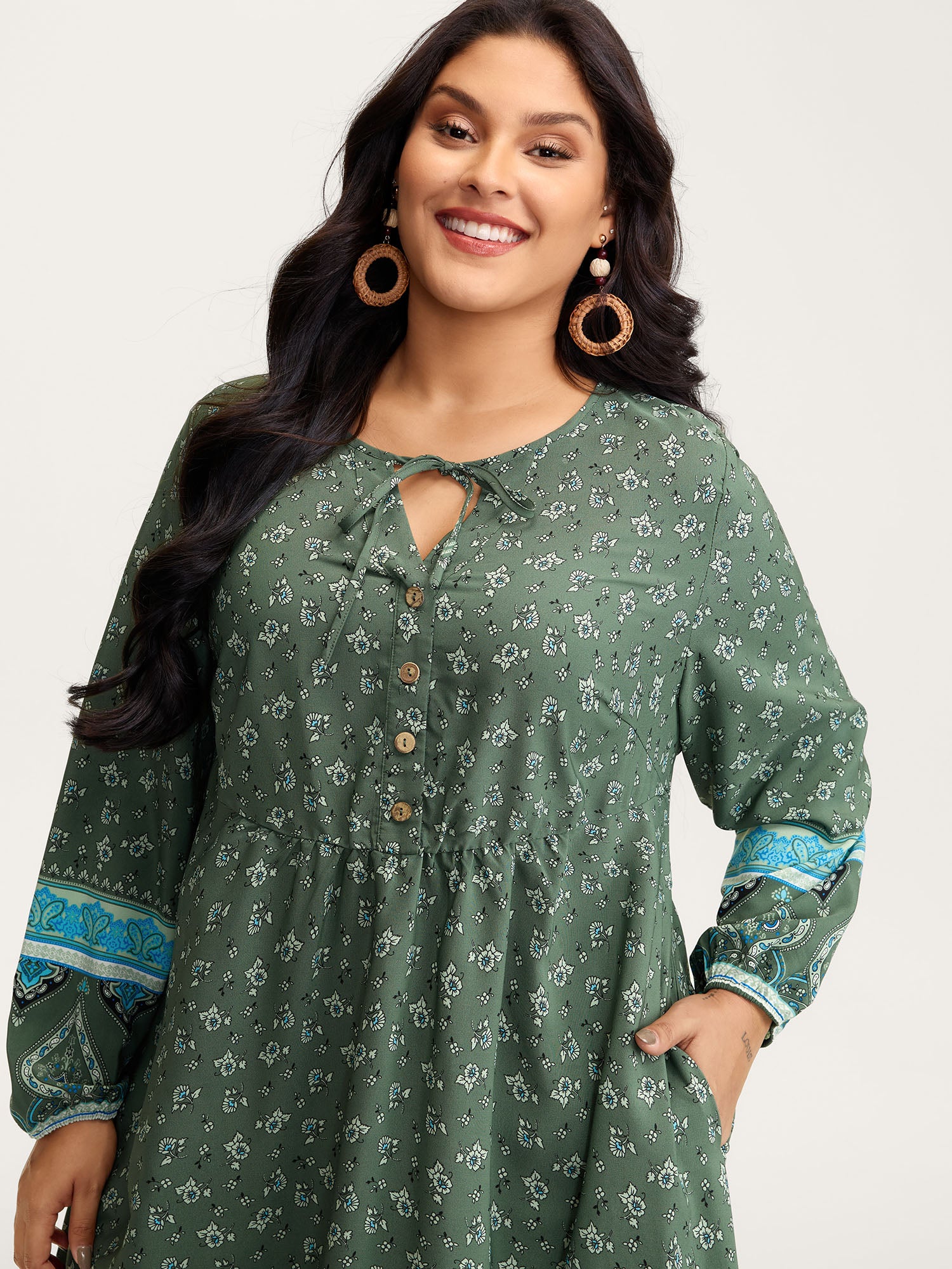 Floral Print Long Sleeve Contrast Maxi Dress