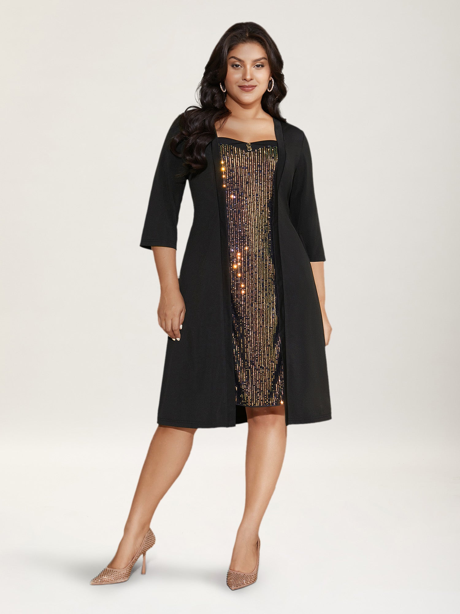 Heart Neckline Patchwork Sequin Button Detail Dress