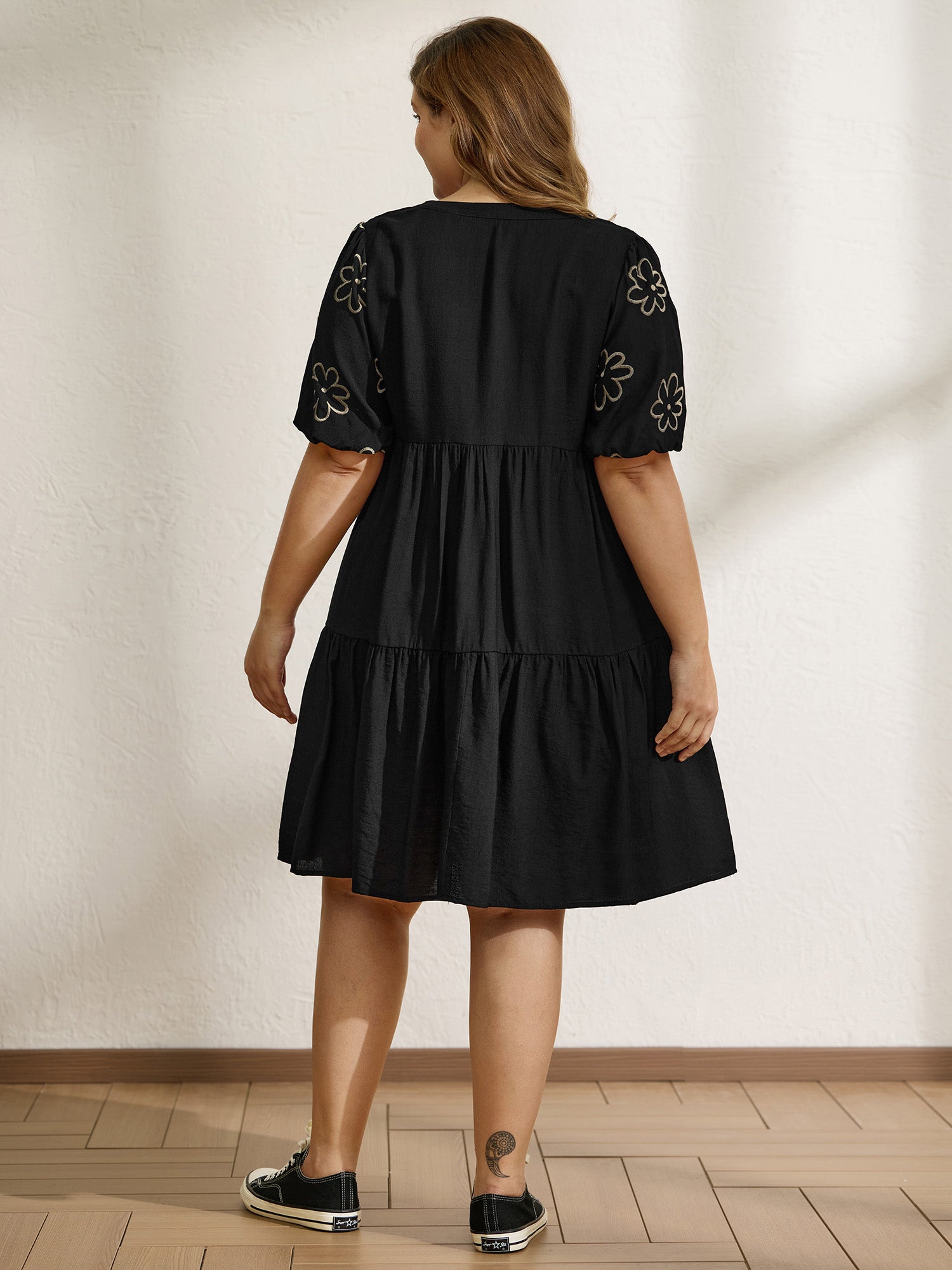 Floral Embroidered Sleeve A-Line Midi Dress