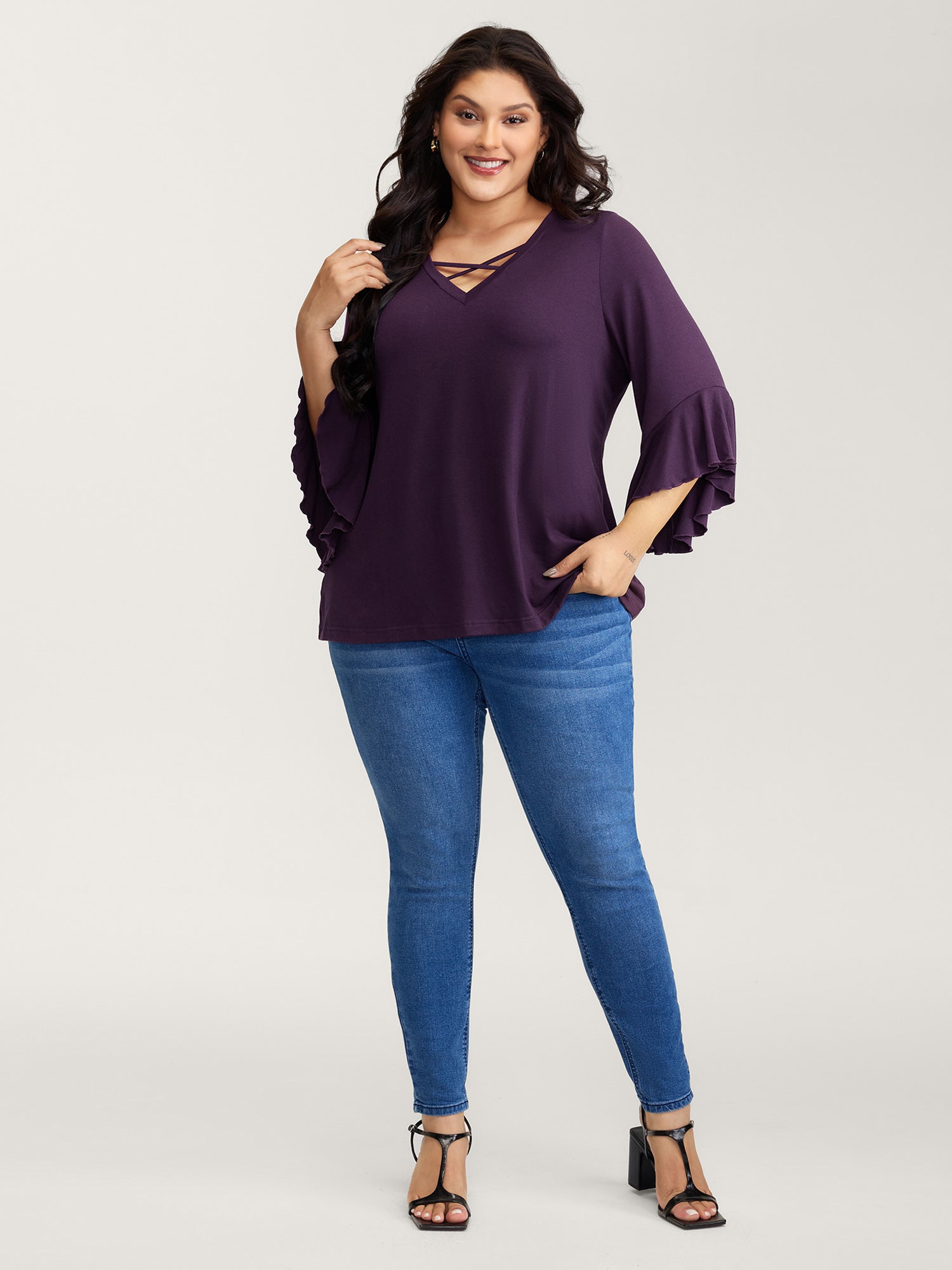 Supersoft Drawstring Neckline Ruffled Sleeve Knit Top