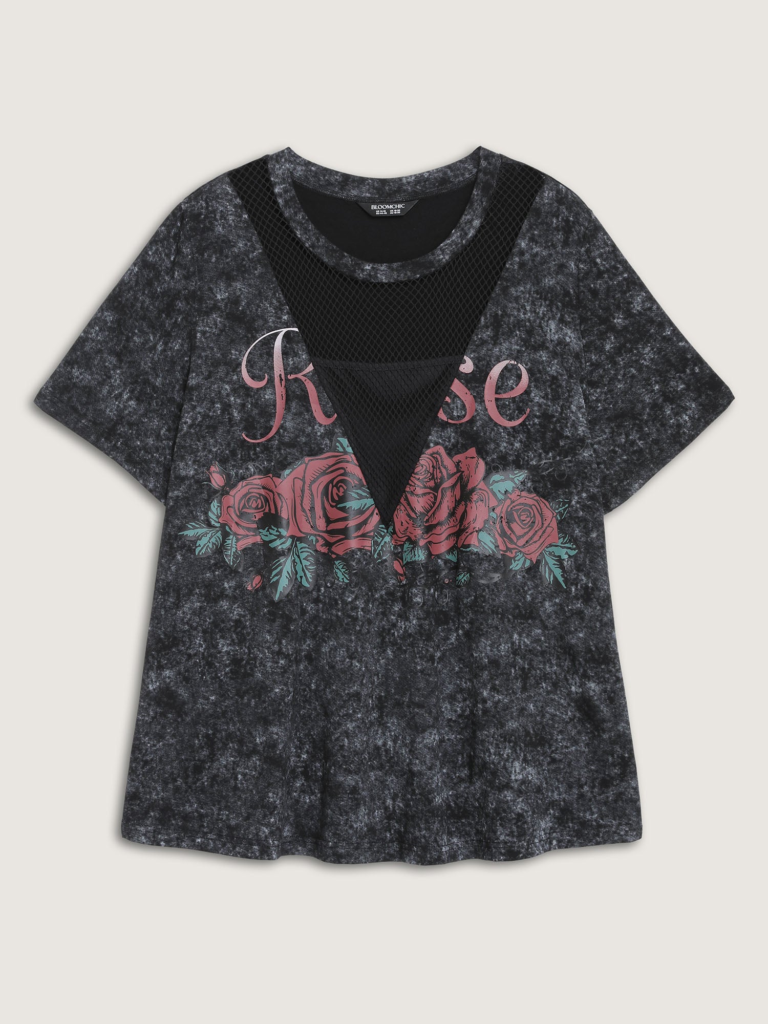 Midnight Rosy Print Sheer Neckline T-Shirt