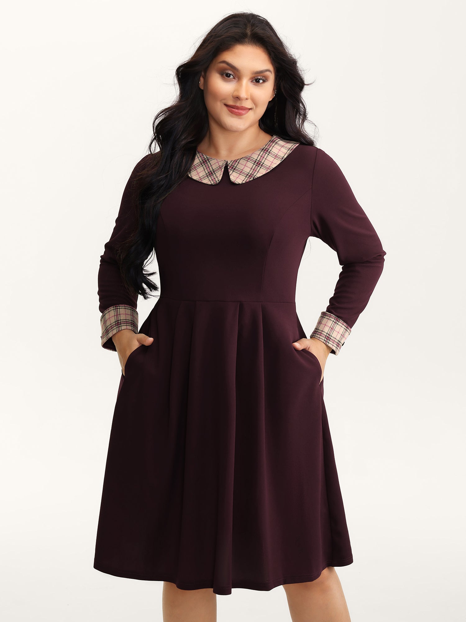 Plaid Collar Pleated Stretchy Waist Midi Dress