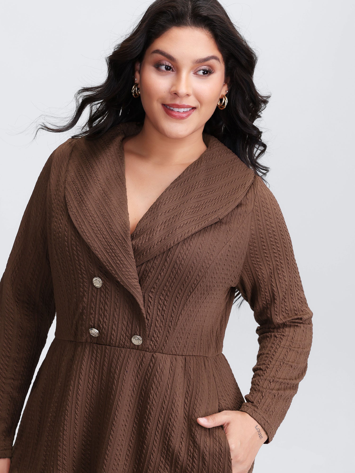 Cable Knit Double Decorative Button Knee-Length Dress