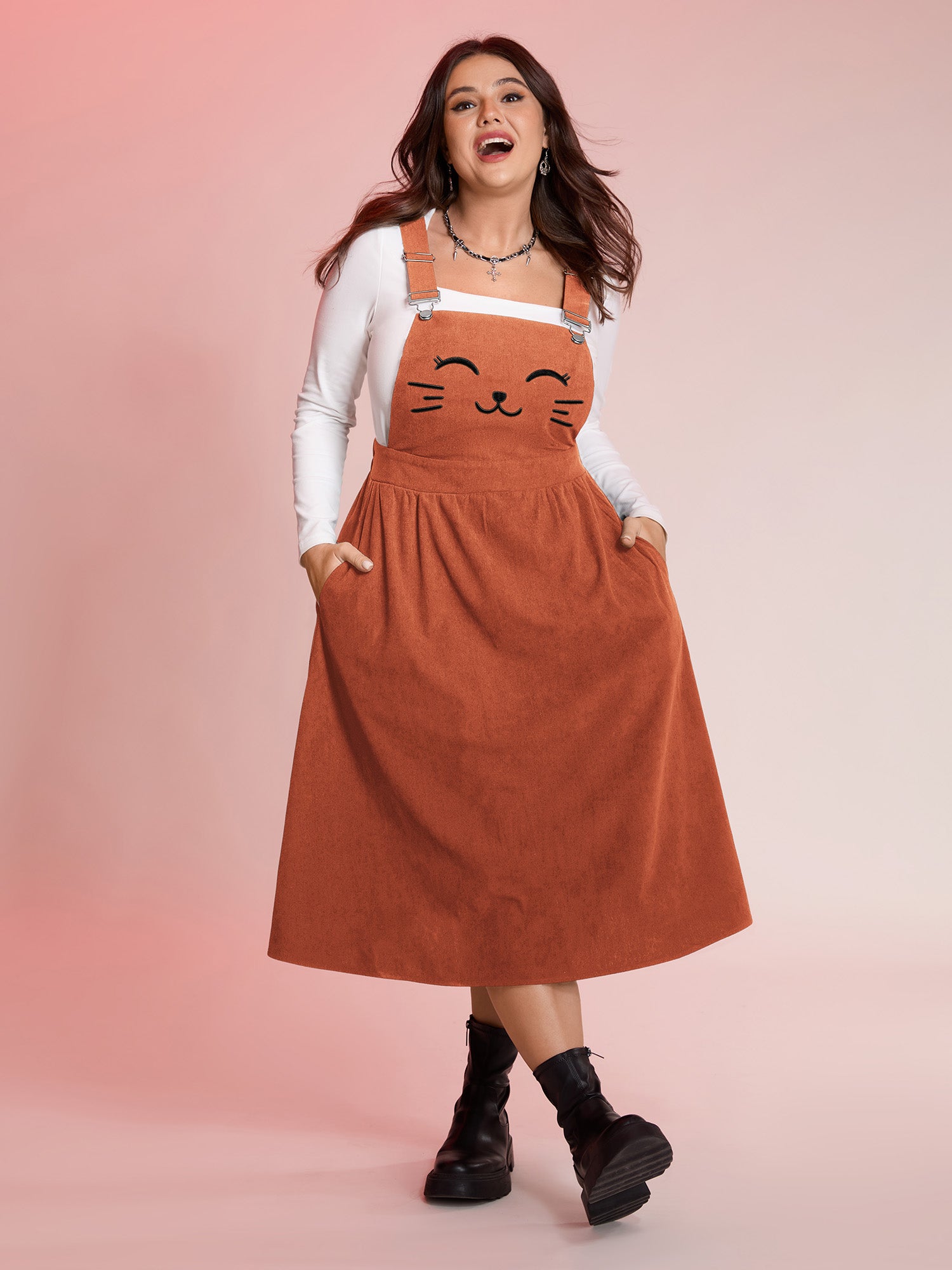Happy Cat Embroidery Overall Straps Midi Dress