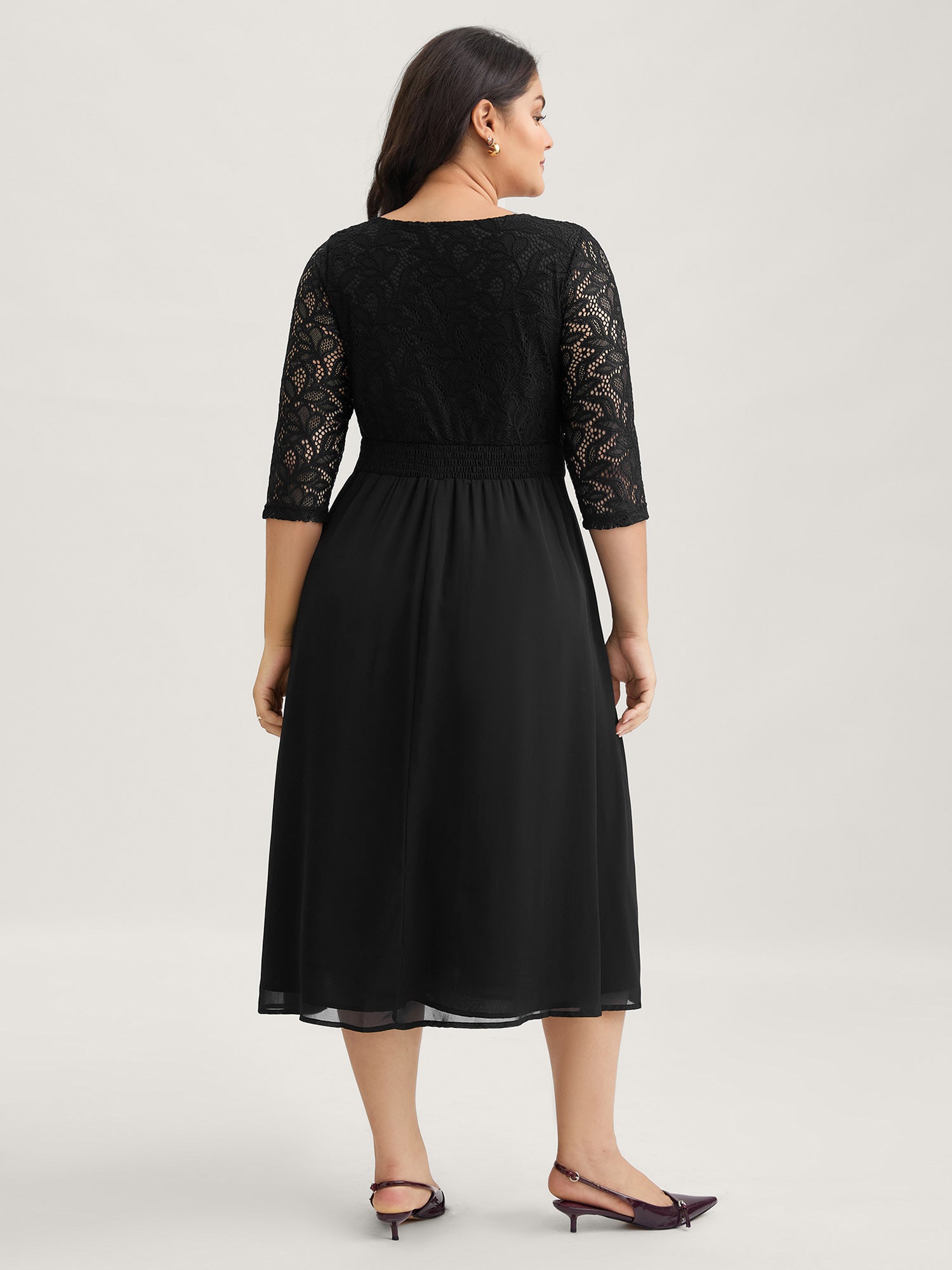 Lace Patchwork Shirred Midi Pocket Dress