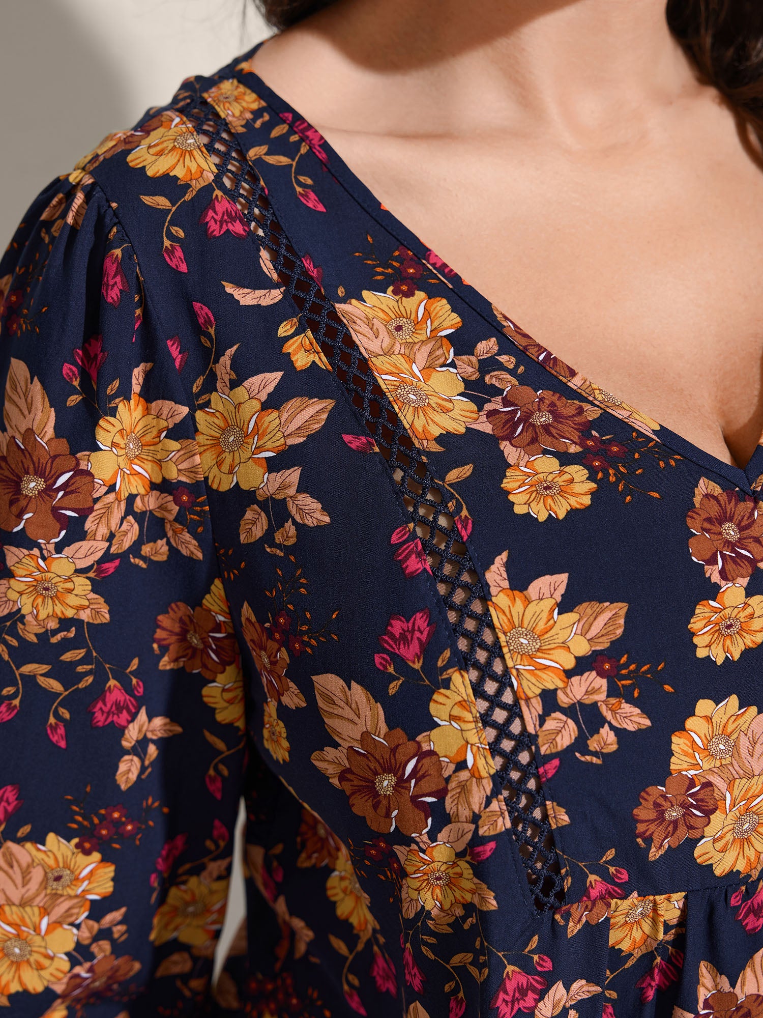 Fall Florals Lace Trim Flowy Blouse