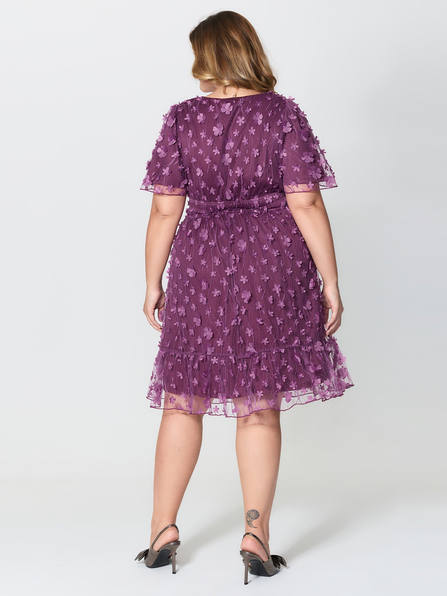 3D Floral Mesh Notched Neckline Midi Dress