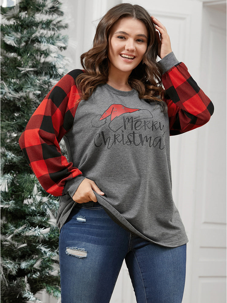 Letter Print Round Neck Plaid Long Tee