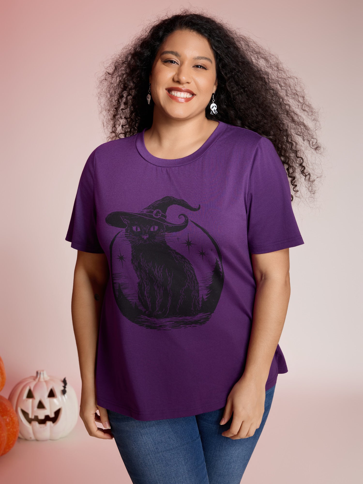 Bewitched Cat Printed Crew Neck T-shirt