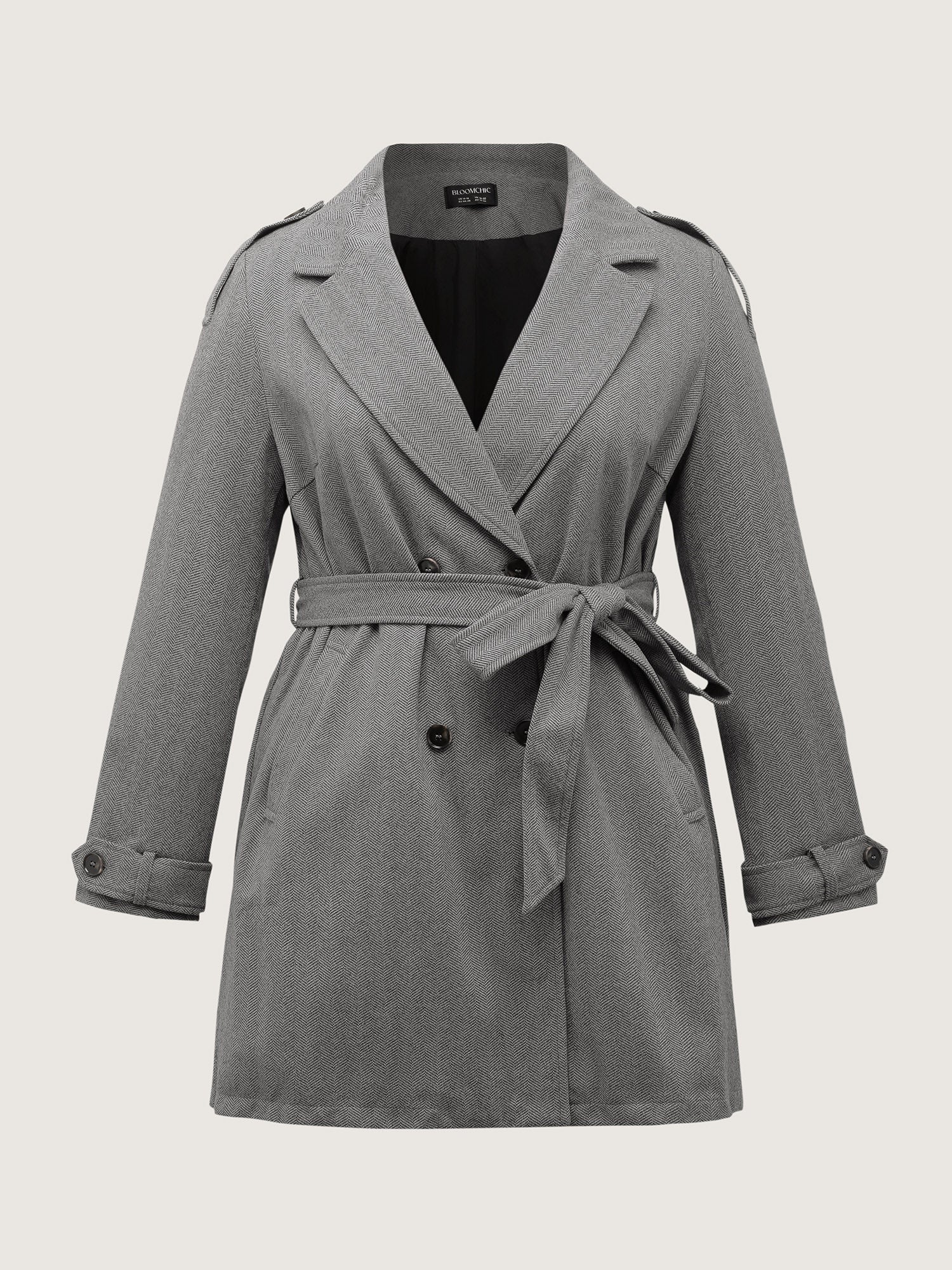 Herringbone Button Belted Lined Coat