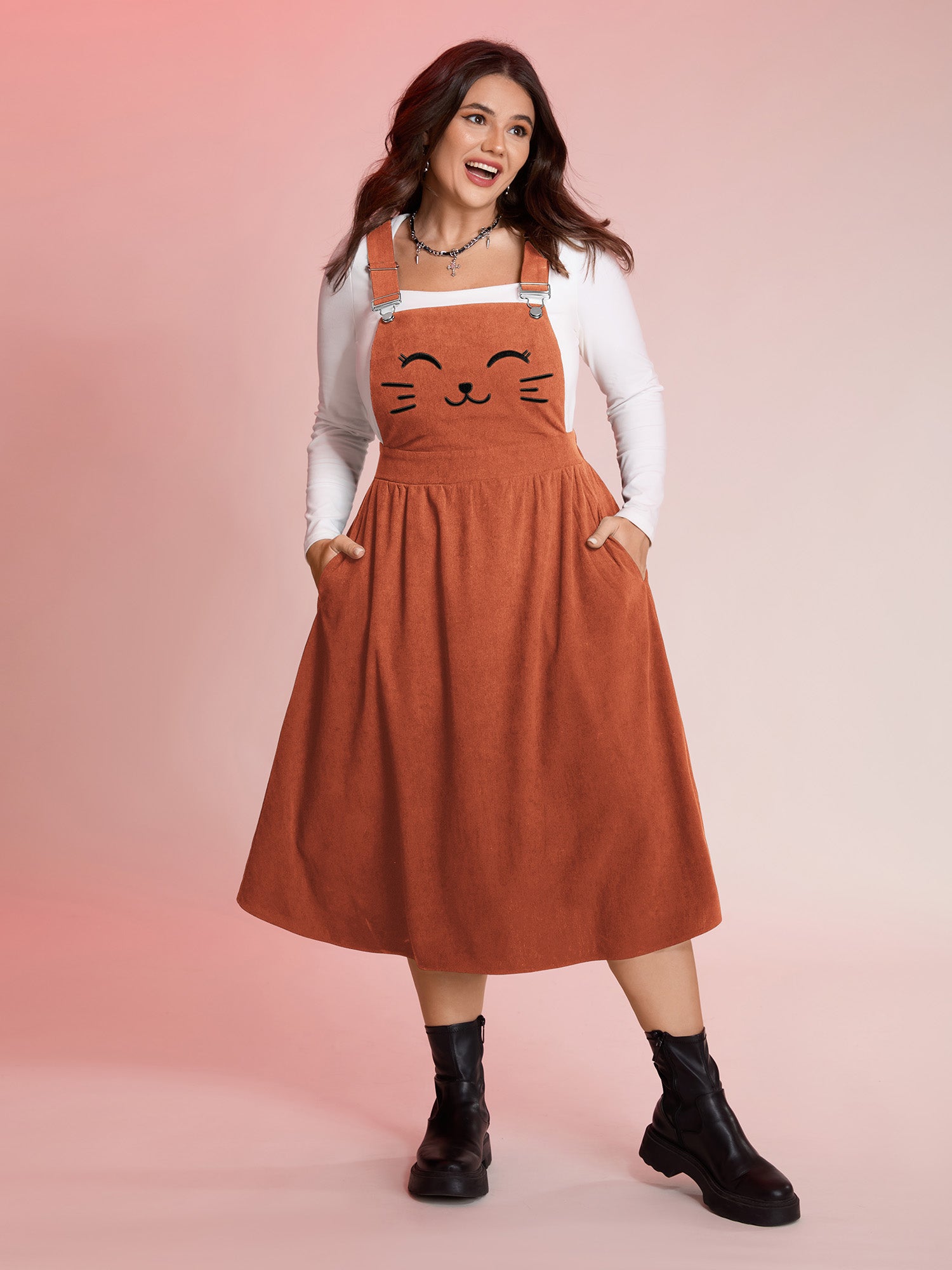 Happy Cat Embroidery Overall Straps Midi Dress