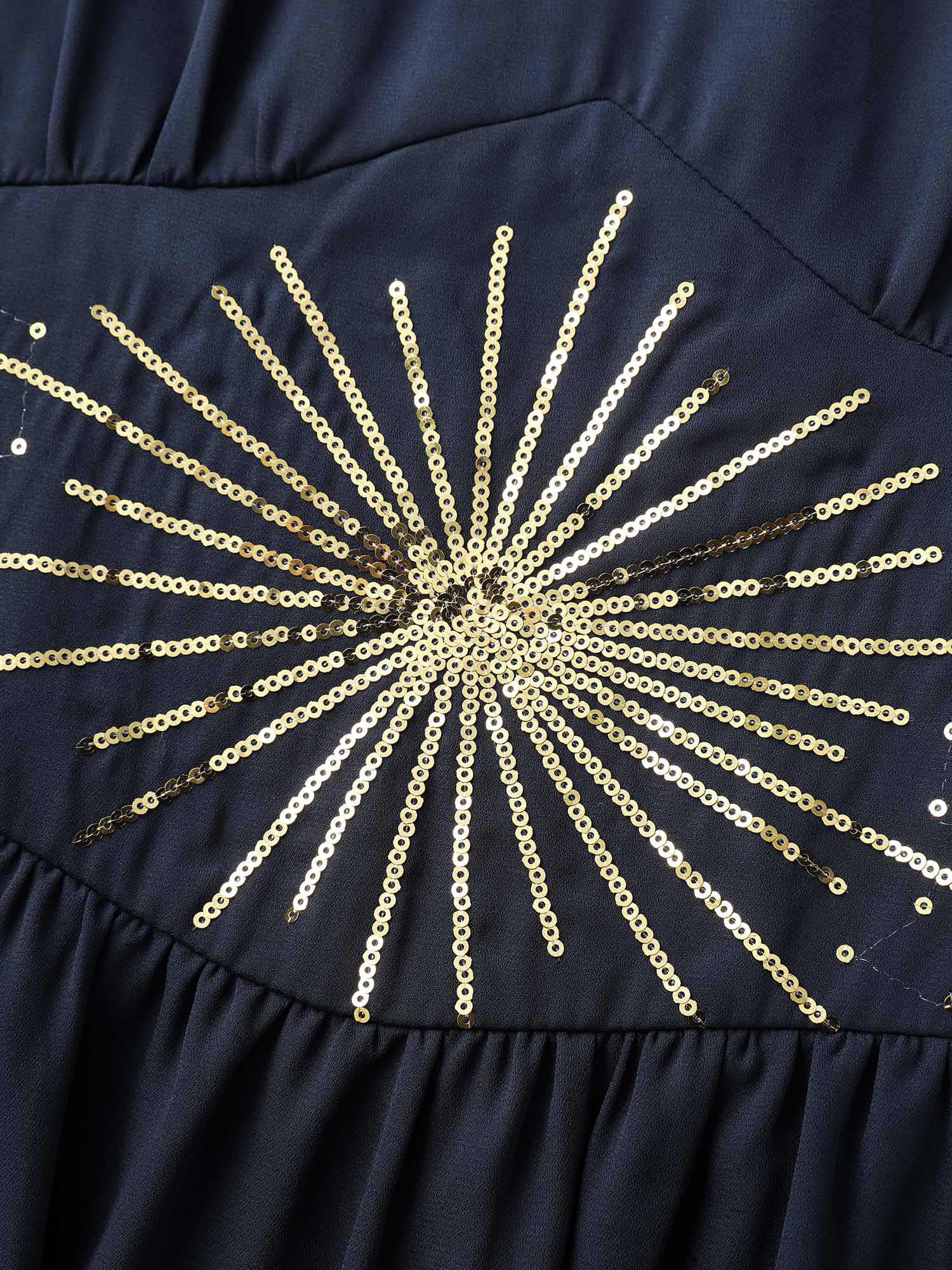 Gold Sequin Embroidery Sheer Shirred Midi Dress