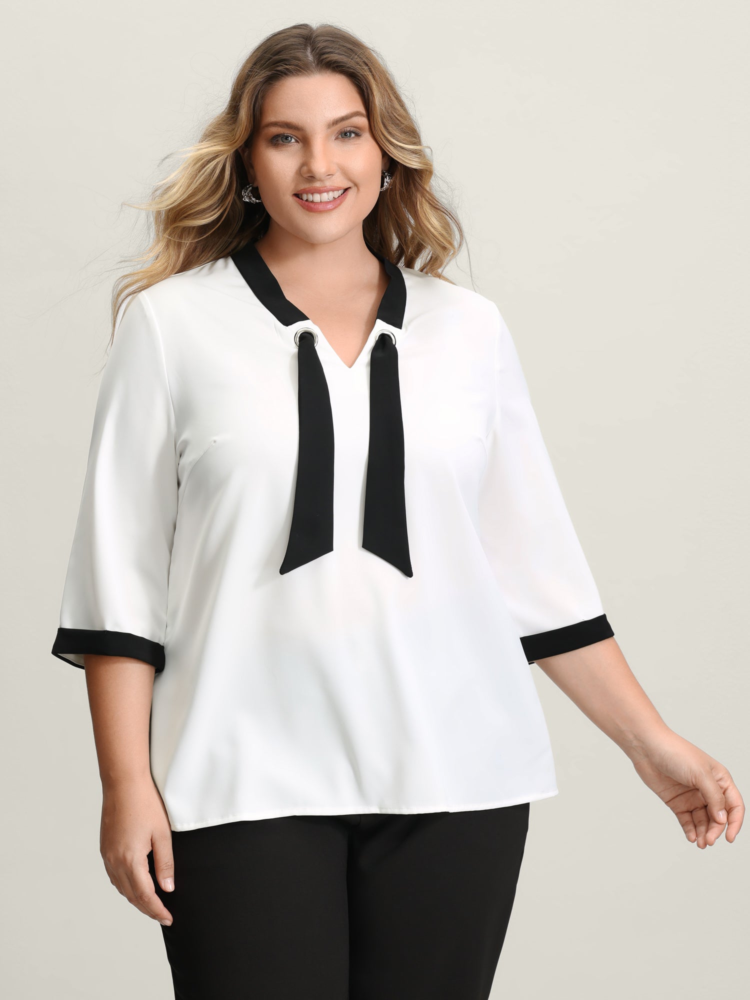 Color Contrast Sailor Neck-Tie Blouse