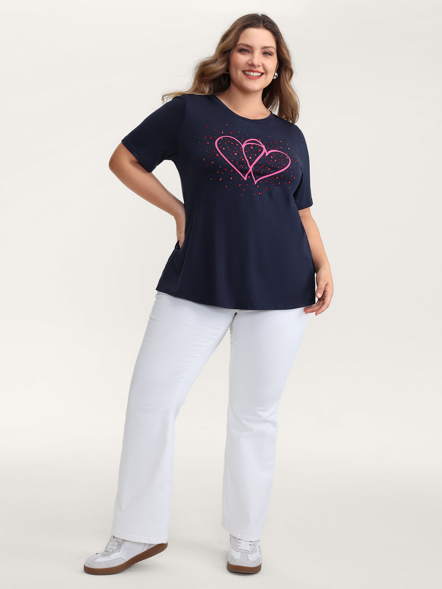 Heart Rhinestone Print Bowknot T-Shirt