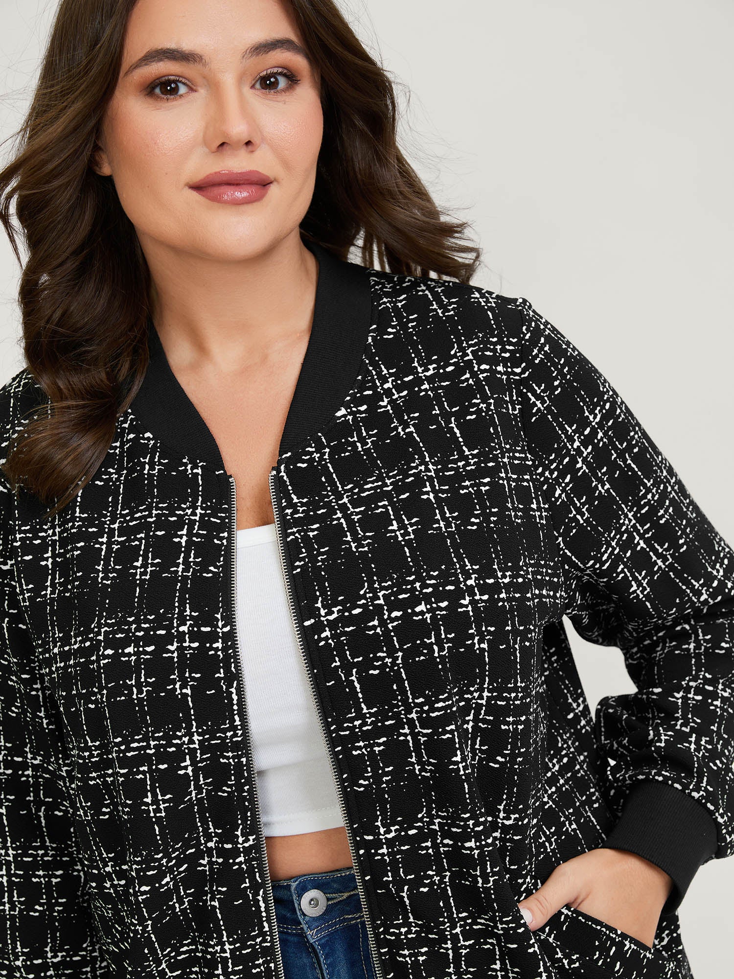 Tweed Color Contrast Zipper Jacket