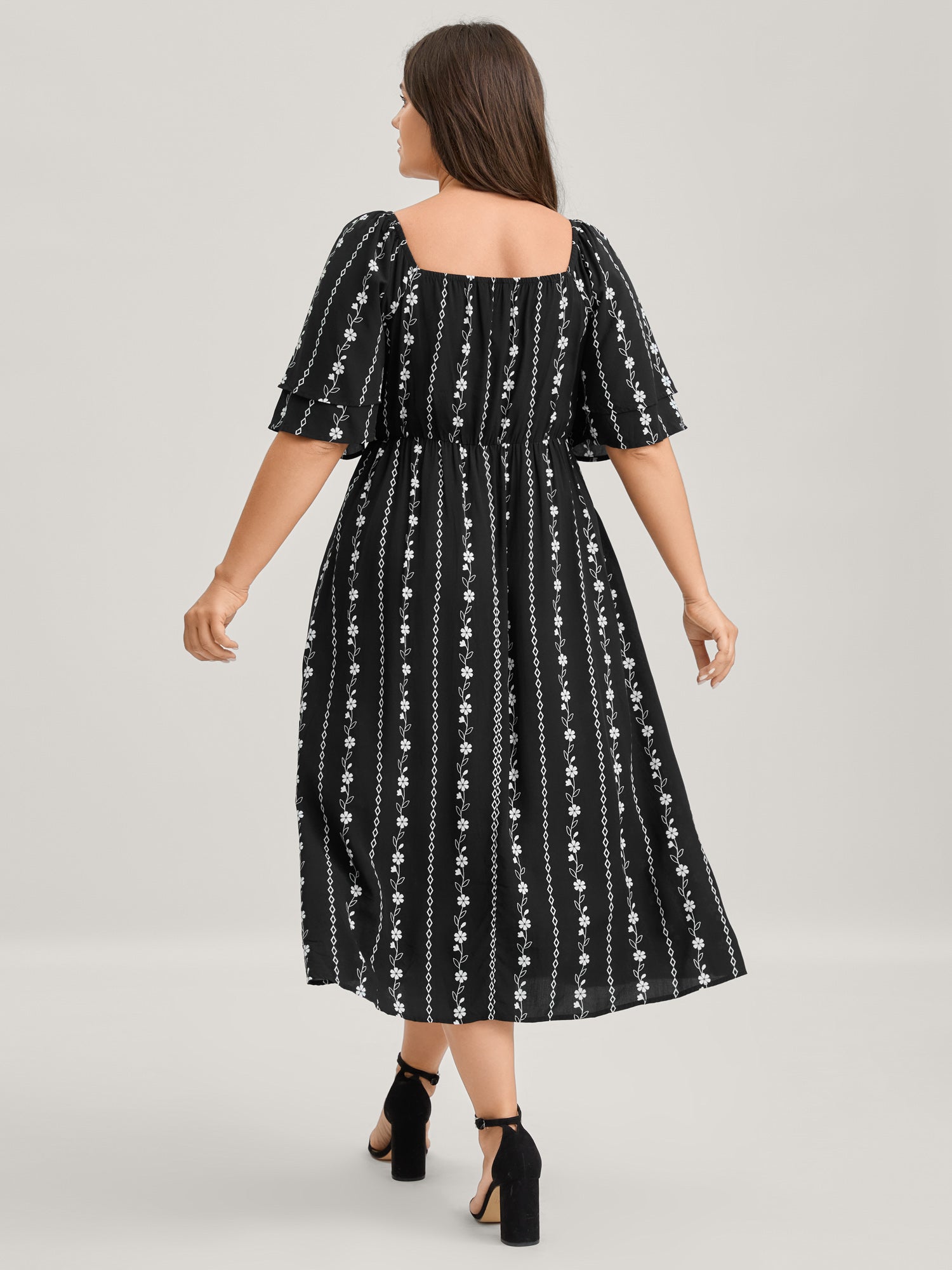Floral Stripes Layered Ruffle Sleeve Midi Dress