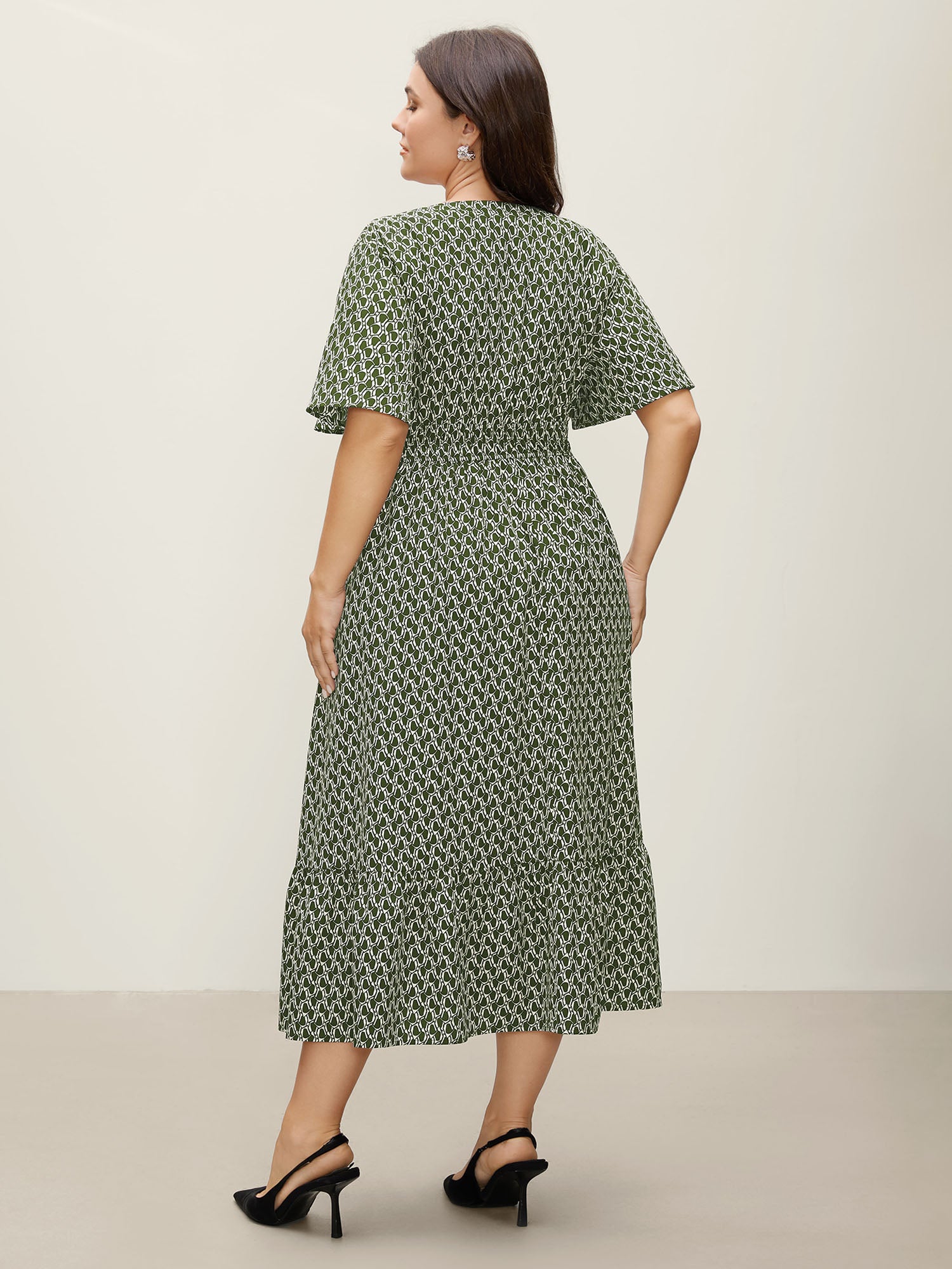 Geometric Print Waist-Cinched Tiered Midi Dress