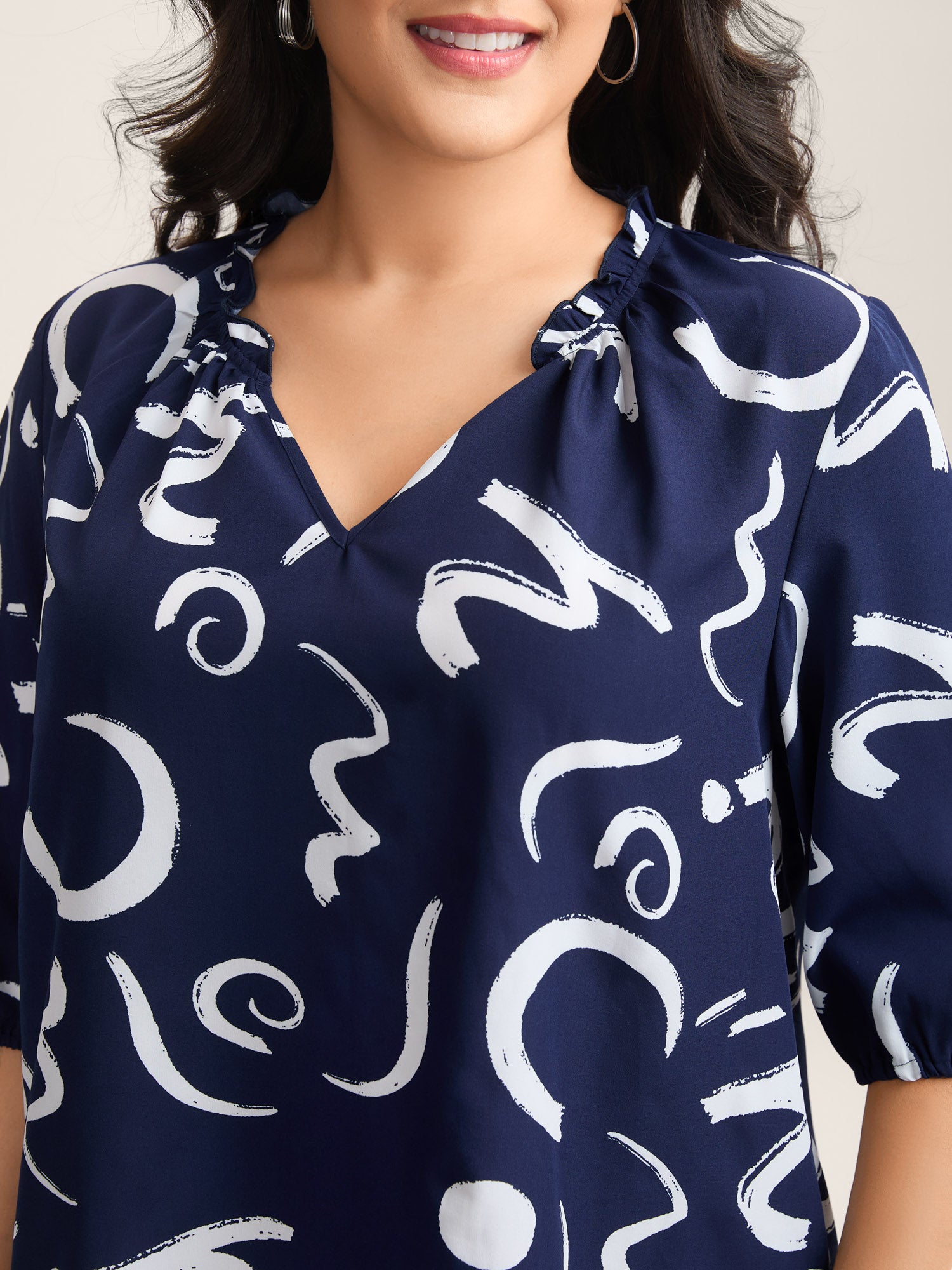 Scribble Print Ruffled Split Neck Blouse