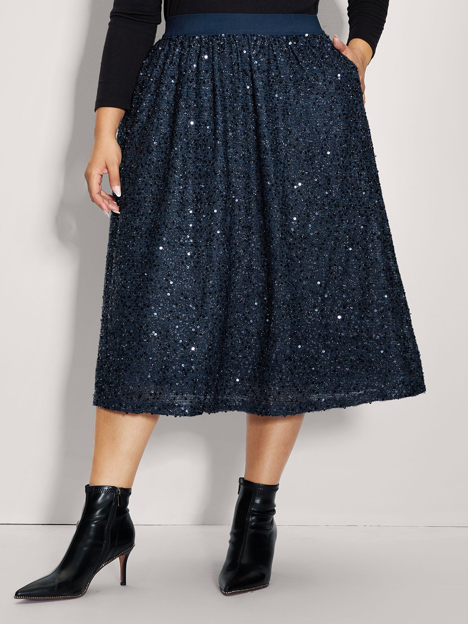 Shimmery Sequin Shirred Waist Midi Skirt