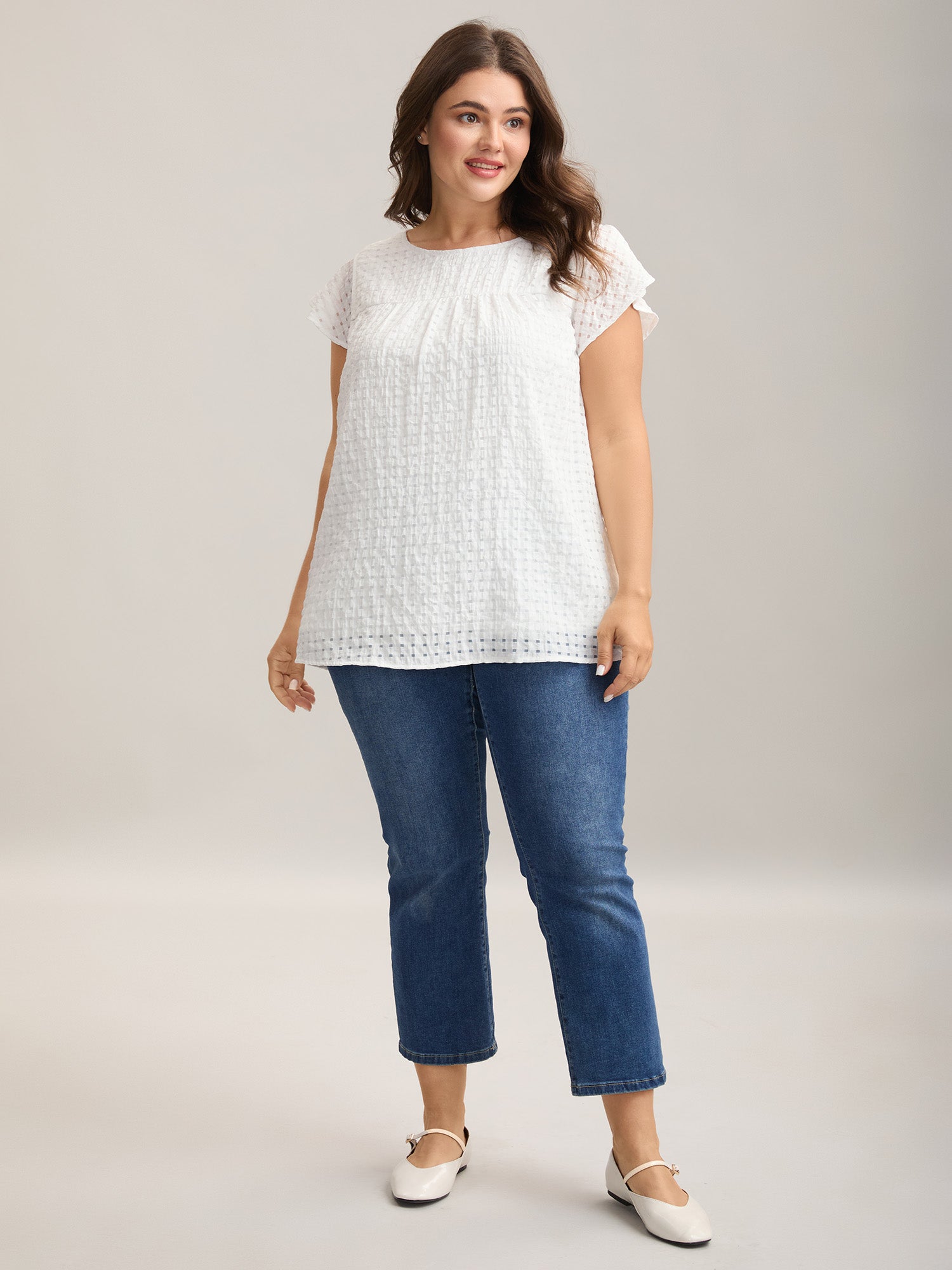 Textured Sheer Lined Flutter Sleeve Blouse