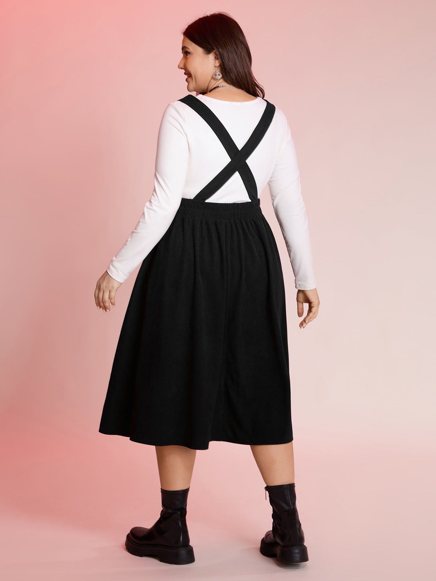 Happy Cat Embroidery Overall Straps Midi Dress