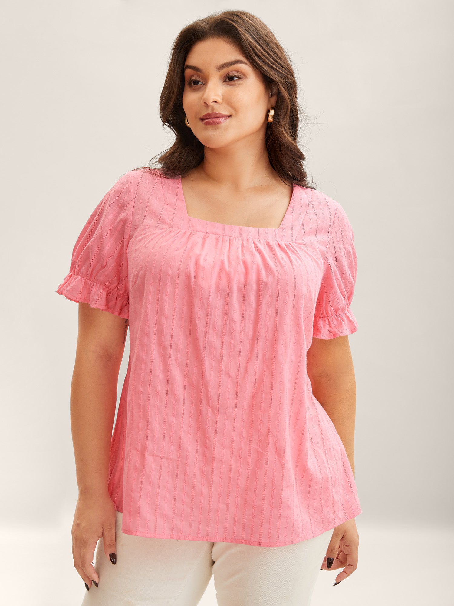Cotton Square Neck Ruffled Sleeve Shirt