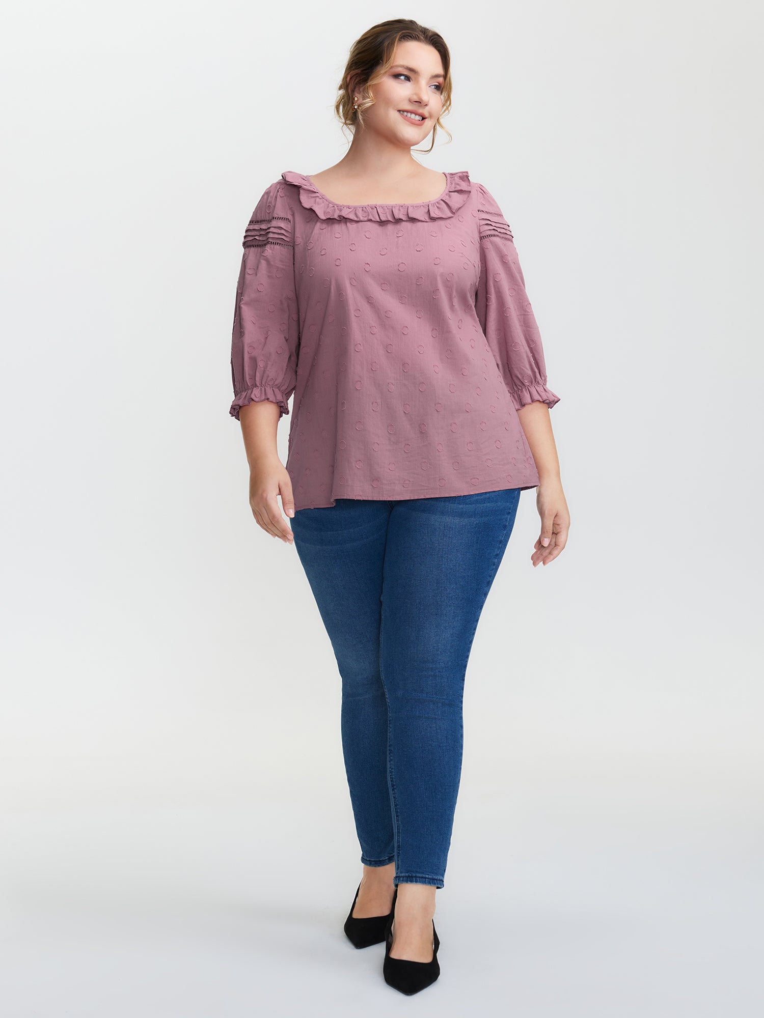 Cotton Textured Jacquard Puffy Sleeve Blouse