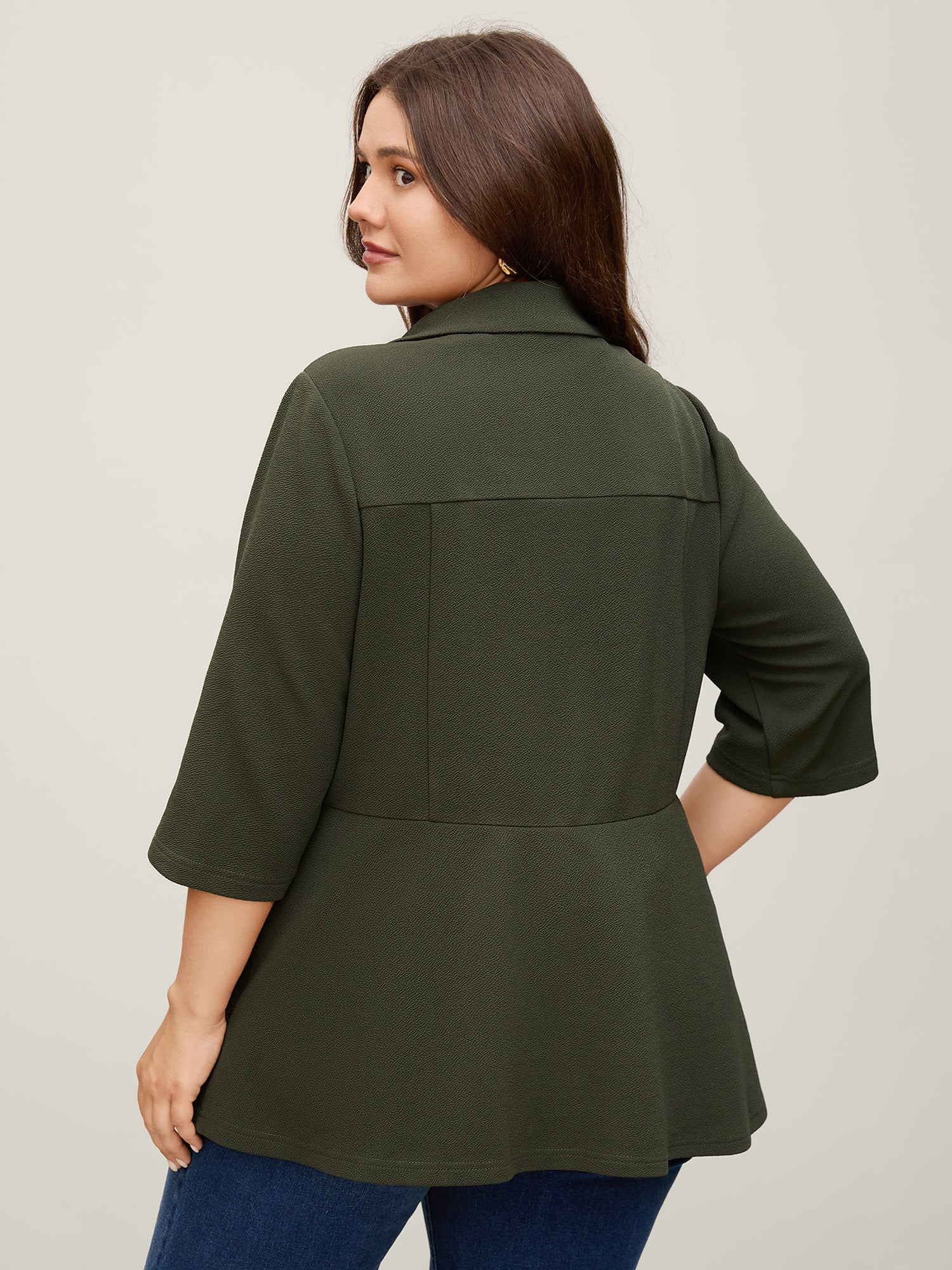 Stretchy Textured Cinched Flared Waist Blazer