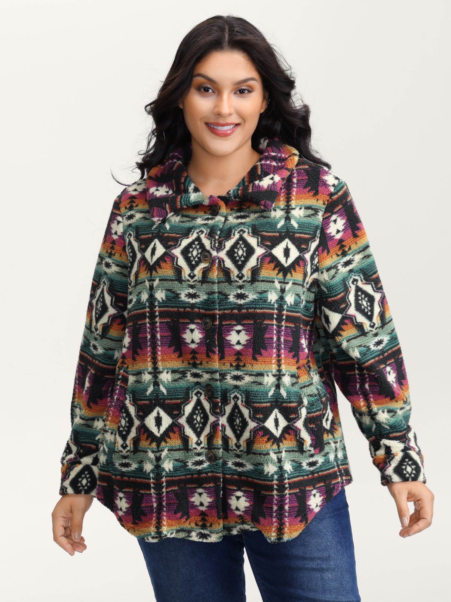 Geometric Velvet Button Pockets Coat