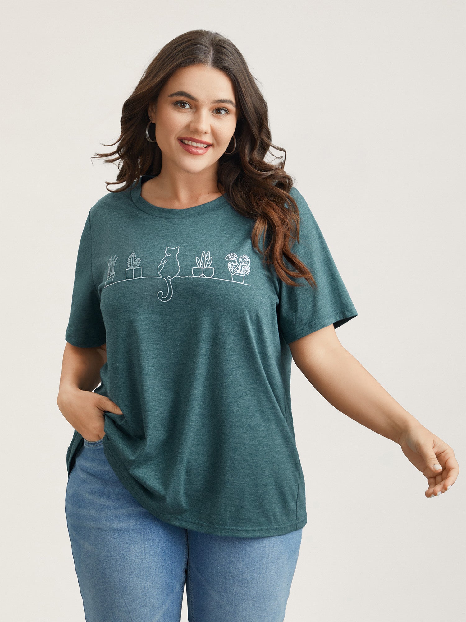 Cat Print Crew Neck Stretchy T-Shirt