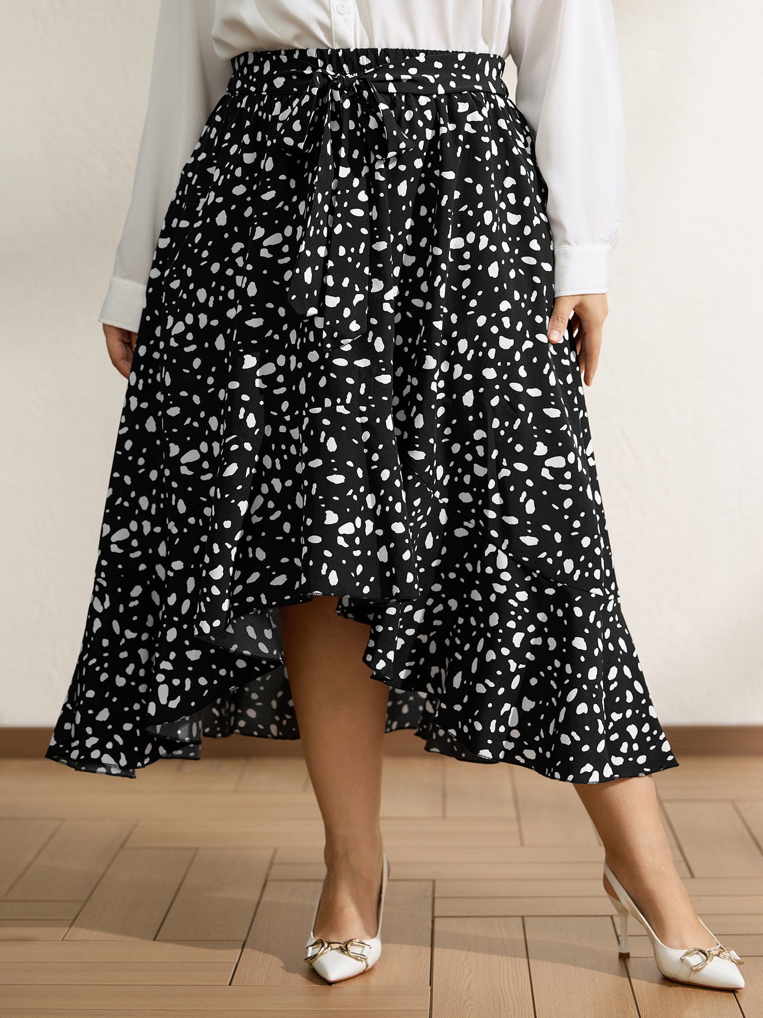 Polka Dots High Low Hem Midi Skirt