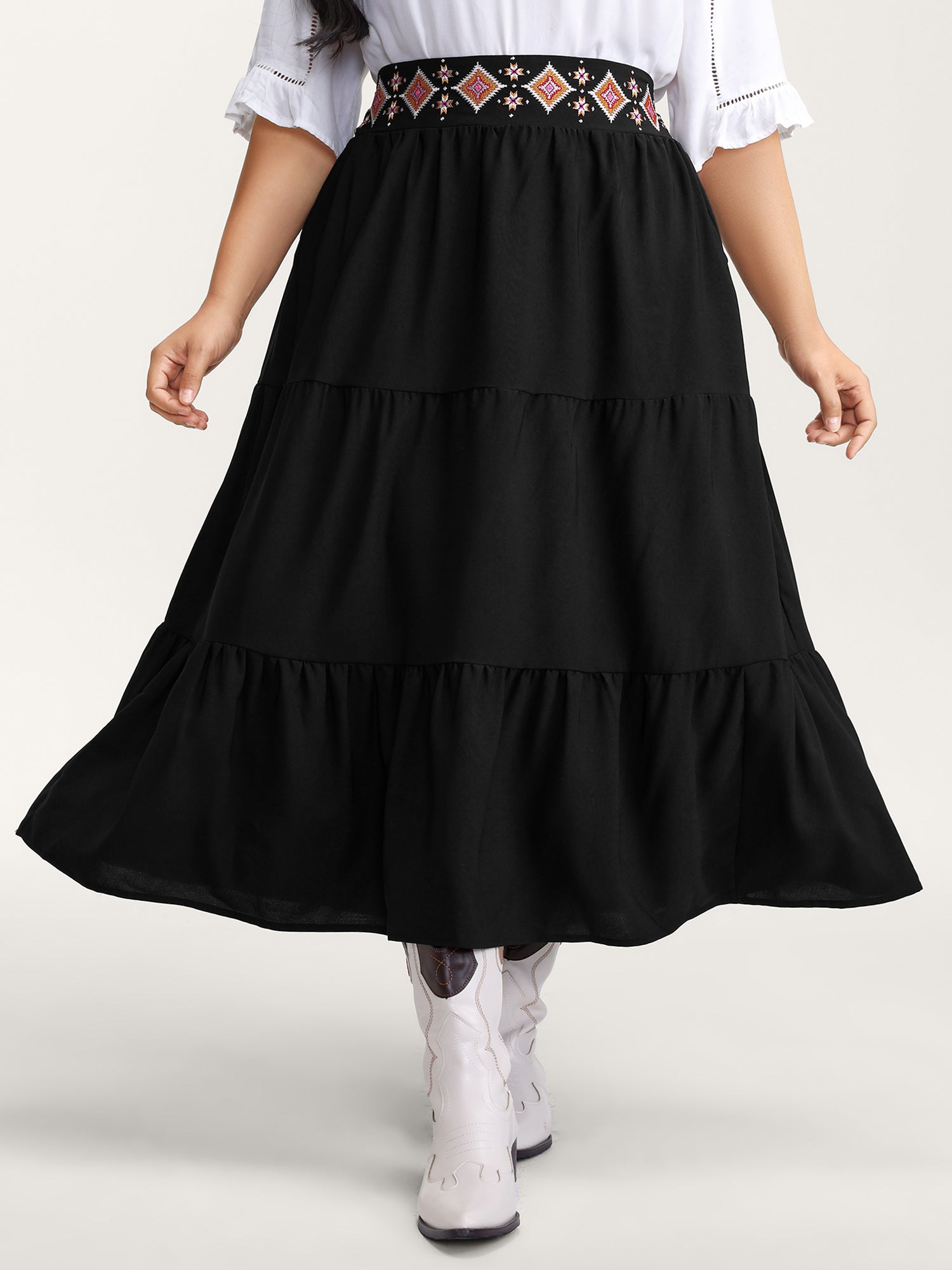 Boho Embroidered Wide Waistband Tiered Maxi Skirt