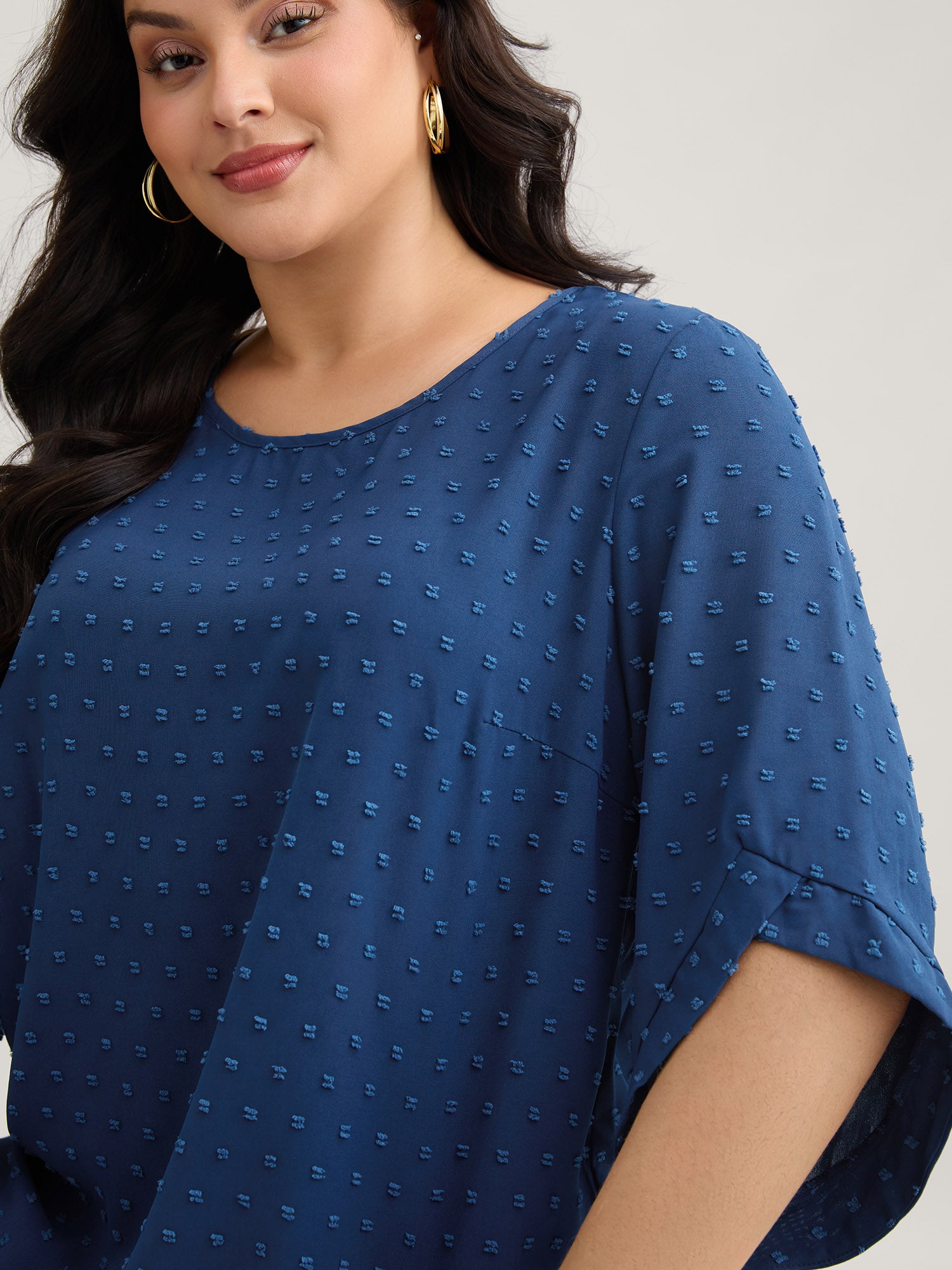 Textured Round Neck Bell Sleeve Blouse