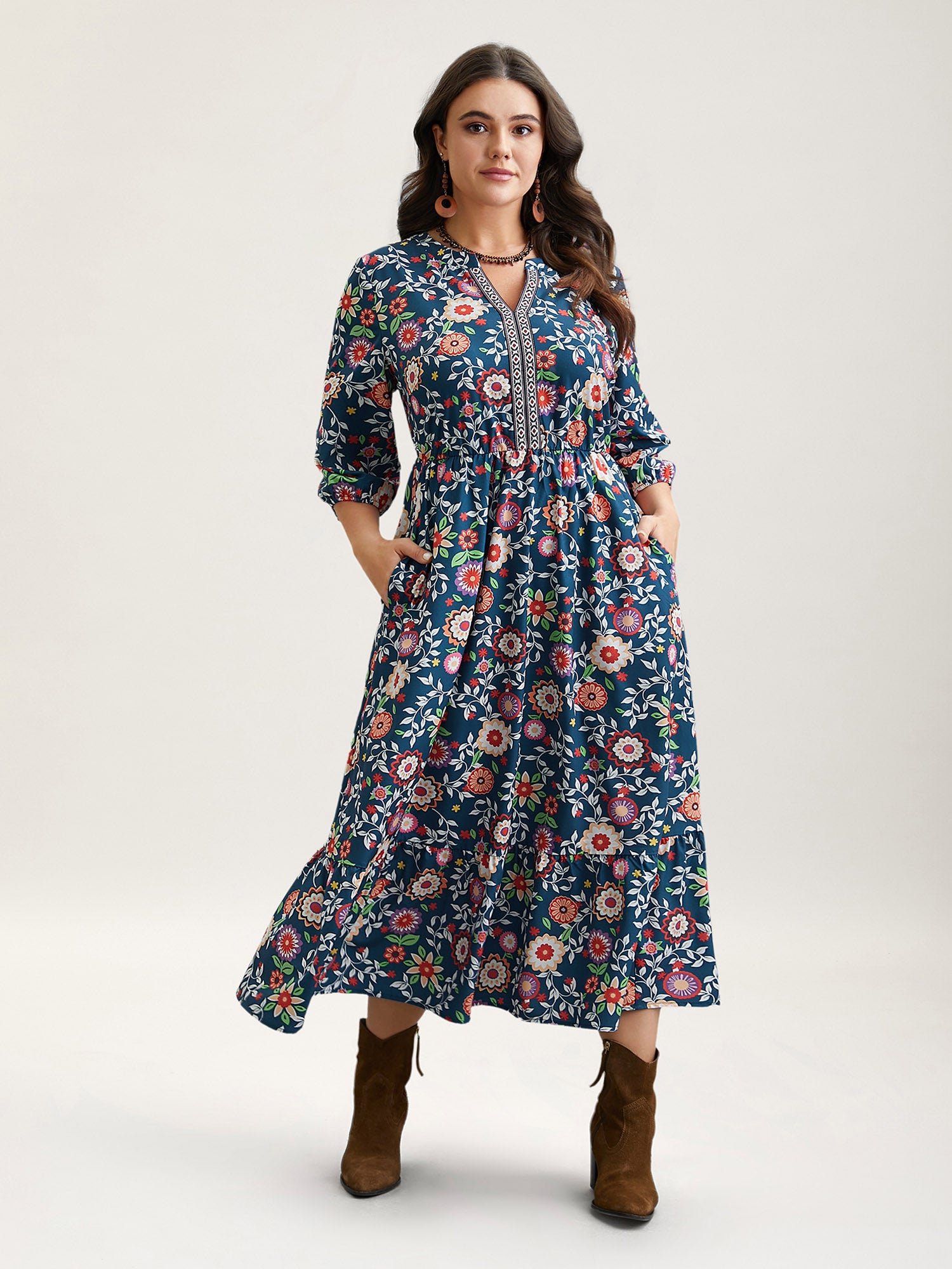 Floral Print Stretchy-Waist Pockets Maxi Dress